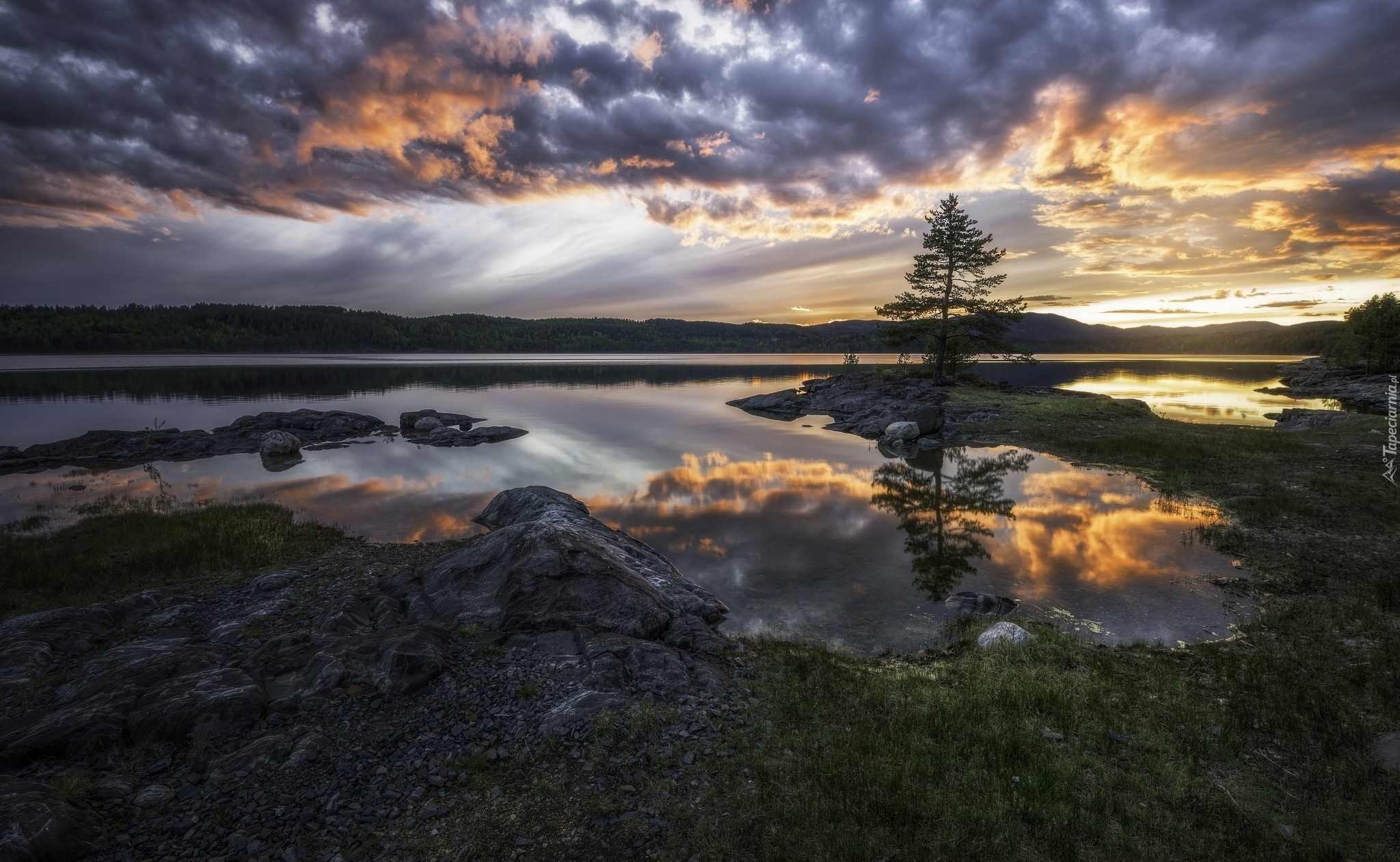 Norwegia, Jezioro, Drzewo, Niebo, Chmury, Odbicie