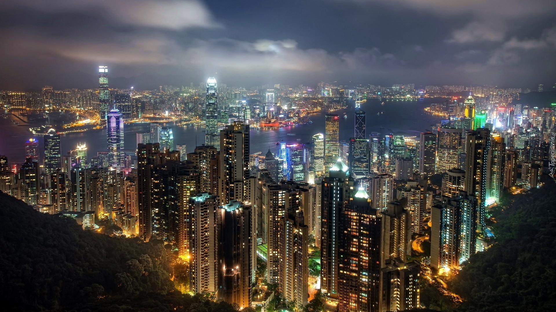 Hong Kong, Drapacze, Chmur, Miasto, Nocą