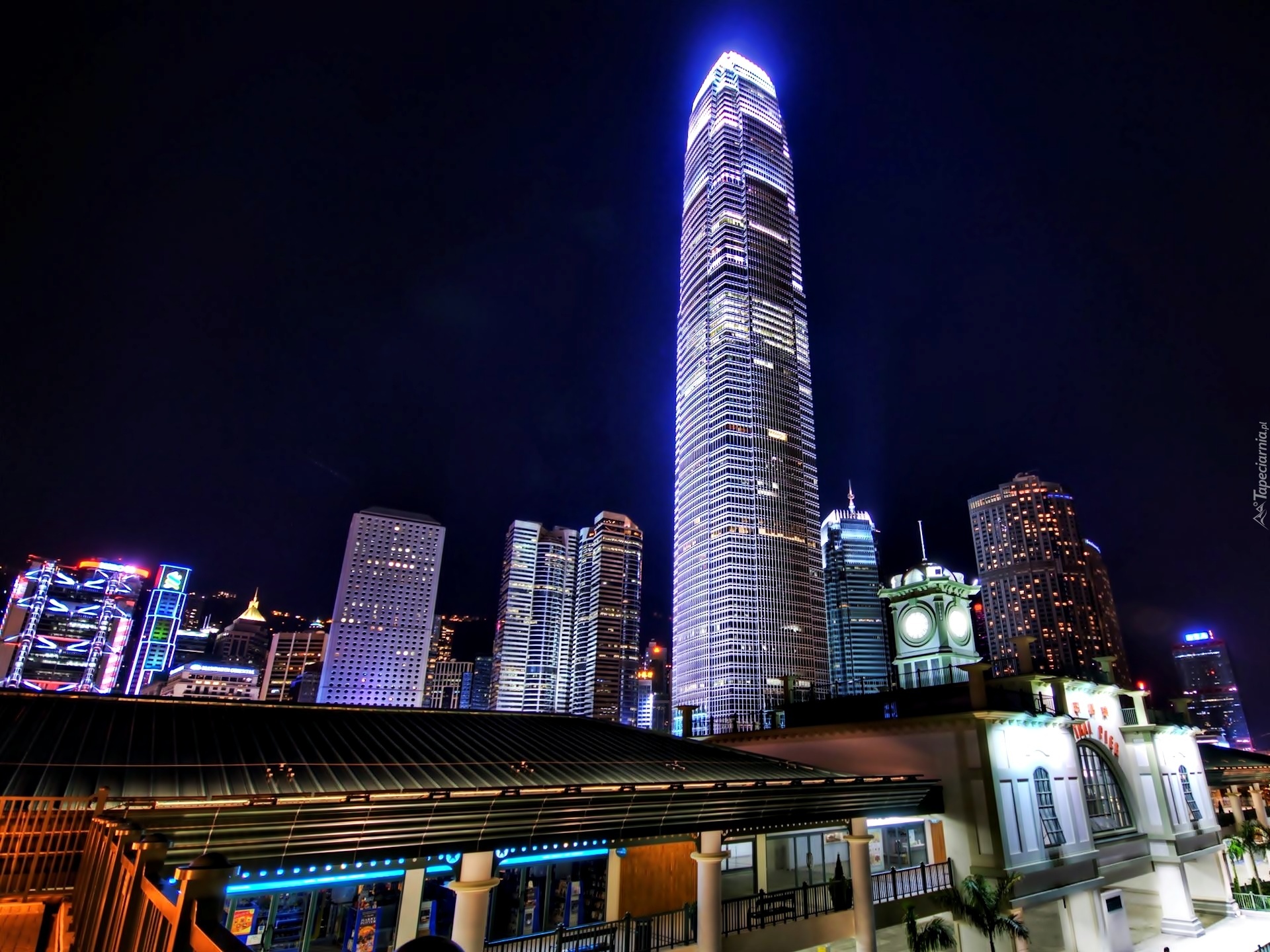 Hong Kong, Fragment, Miasta, Wieżowce, Noc, Niebo
