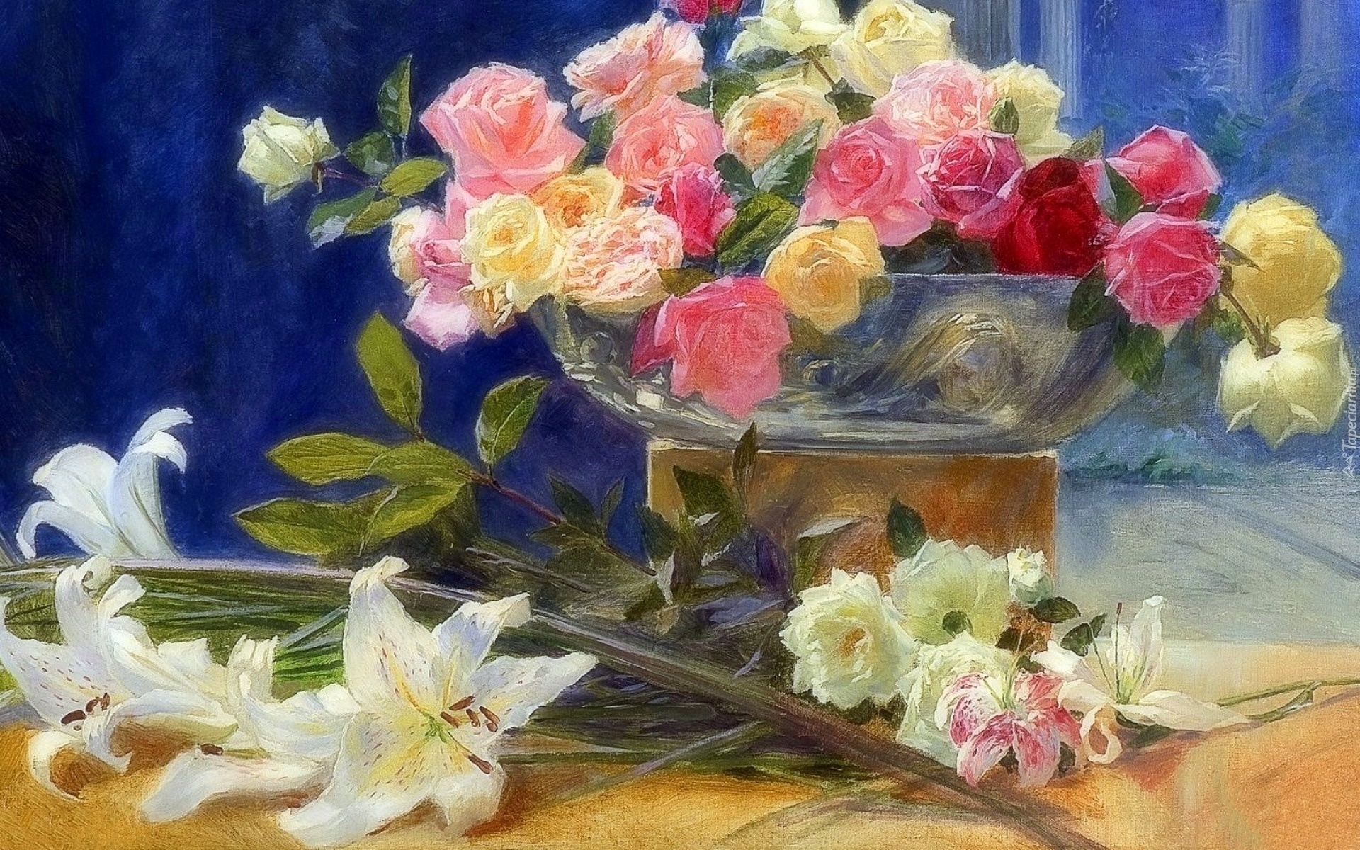 Malarstwo, Obraz, Kwiaty, Lilie, Róże