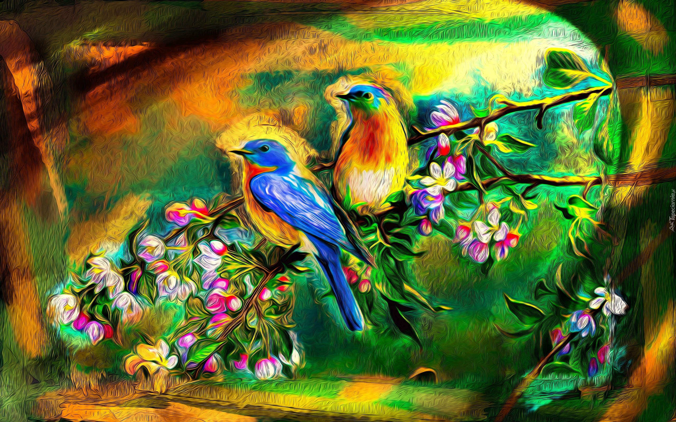 Kolorowe Ptaki, Gałązka, Kwiaty, Paintography