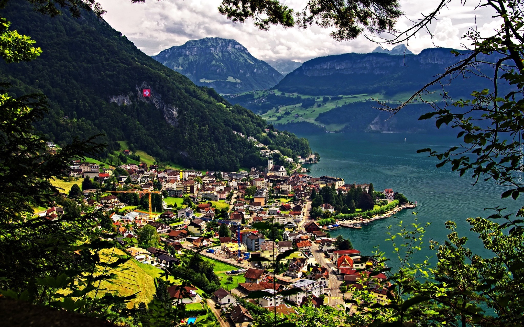Gersau, Szwajcaria, Miasto, Jezioro, Góry, Panorama