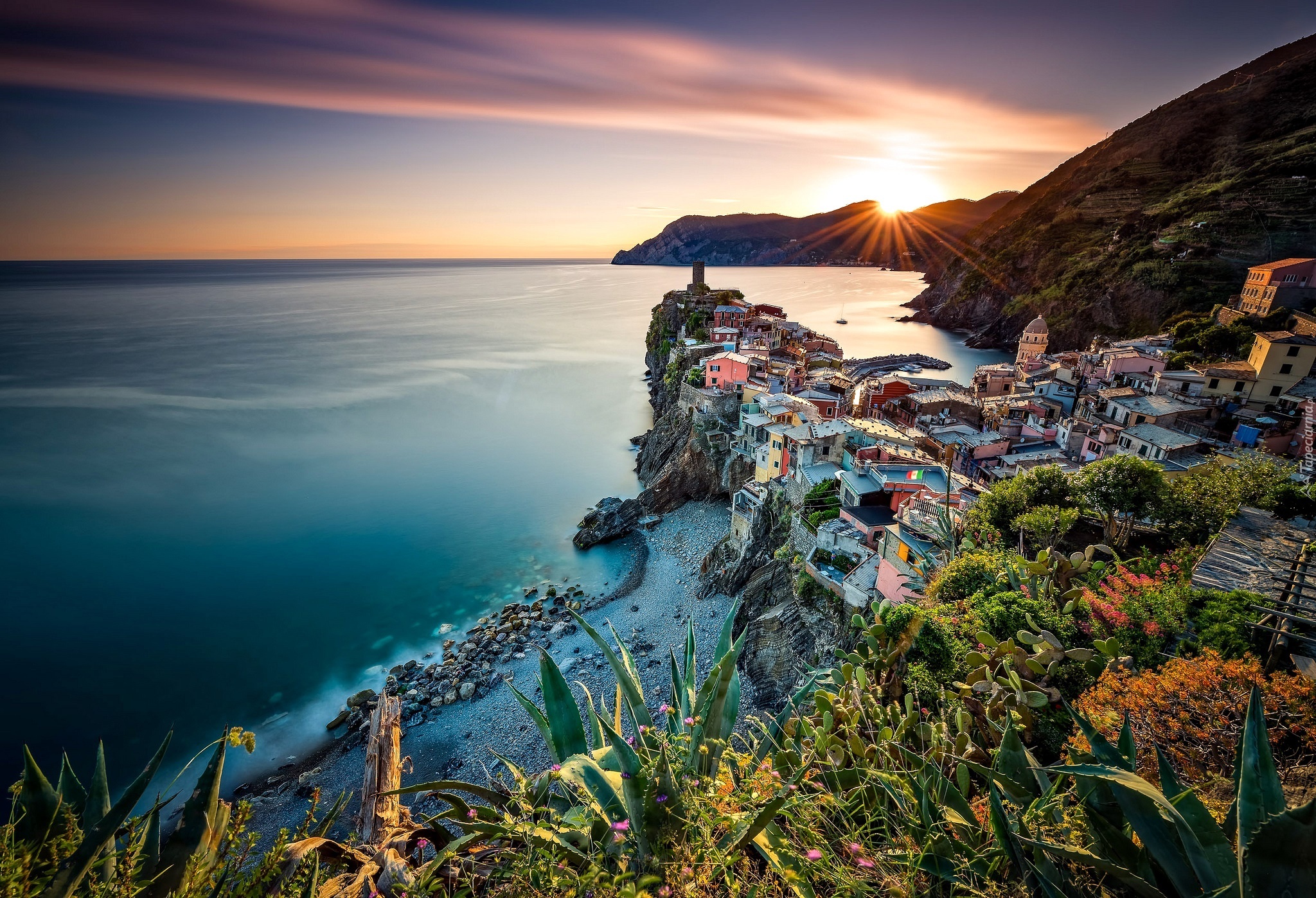 Vernazza, Liguria, Włochy, Morze, Wybrzeże, Zachód Słońca