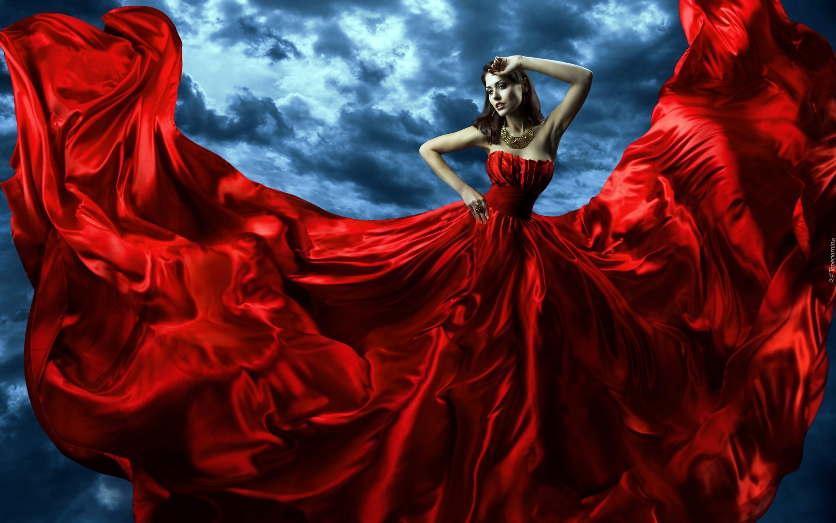 Kobieta, Czerwona, Suknia, Niebo, Chmury