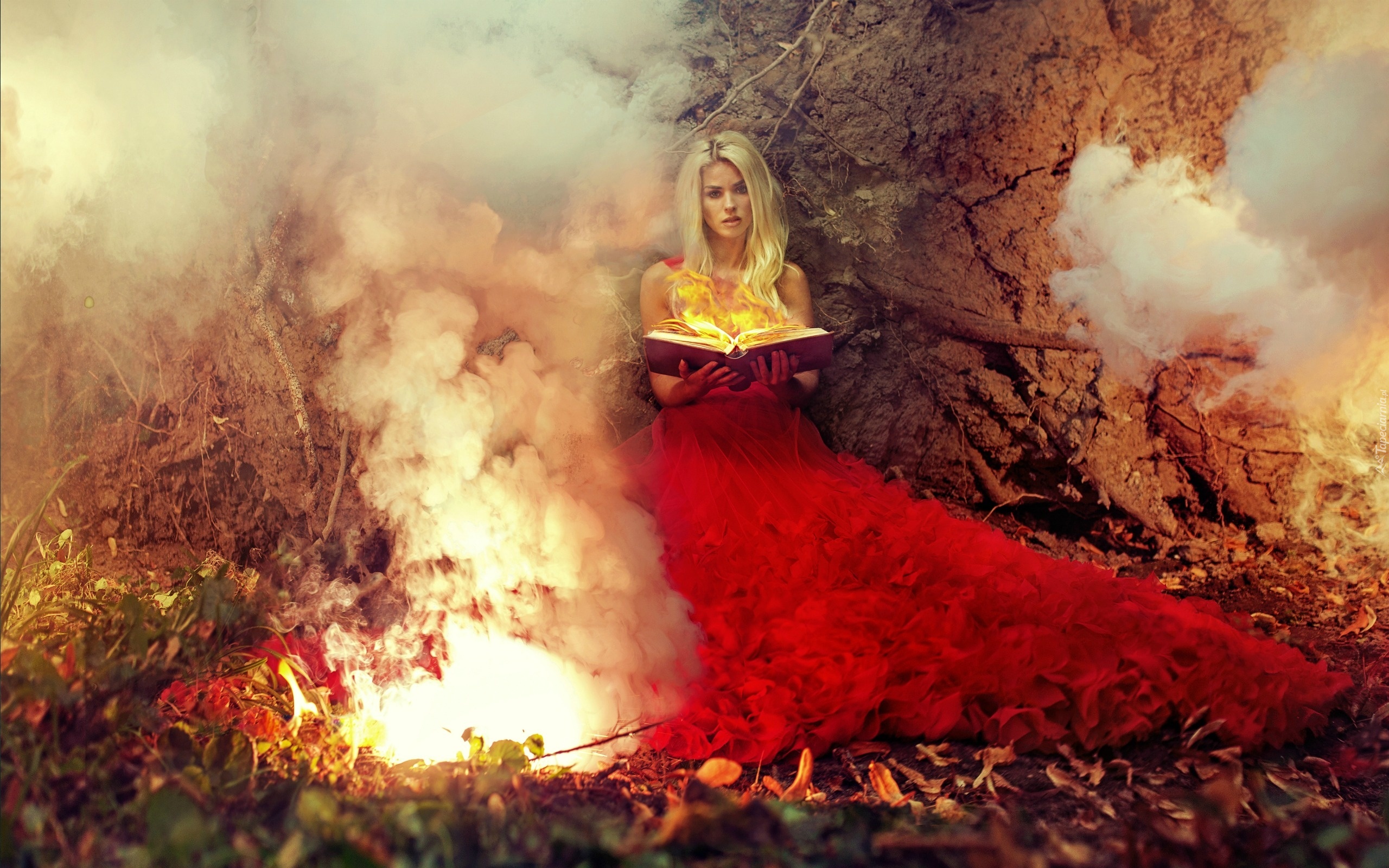 Kobieta, Blondynka, Las, Książka, Ogień, Fantasy