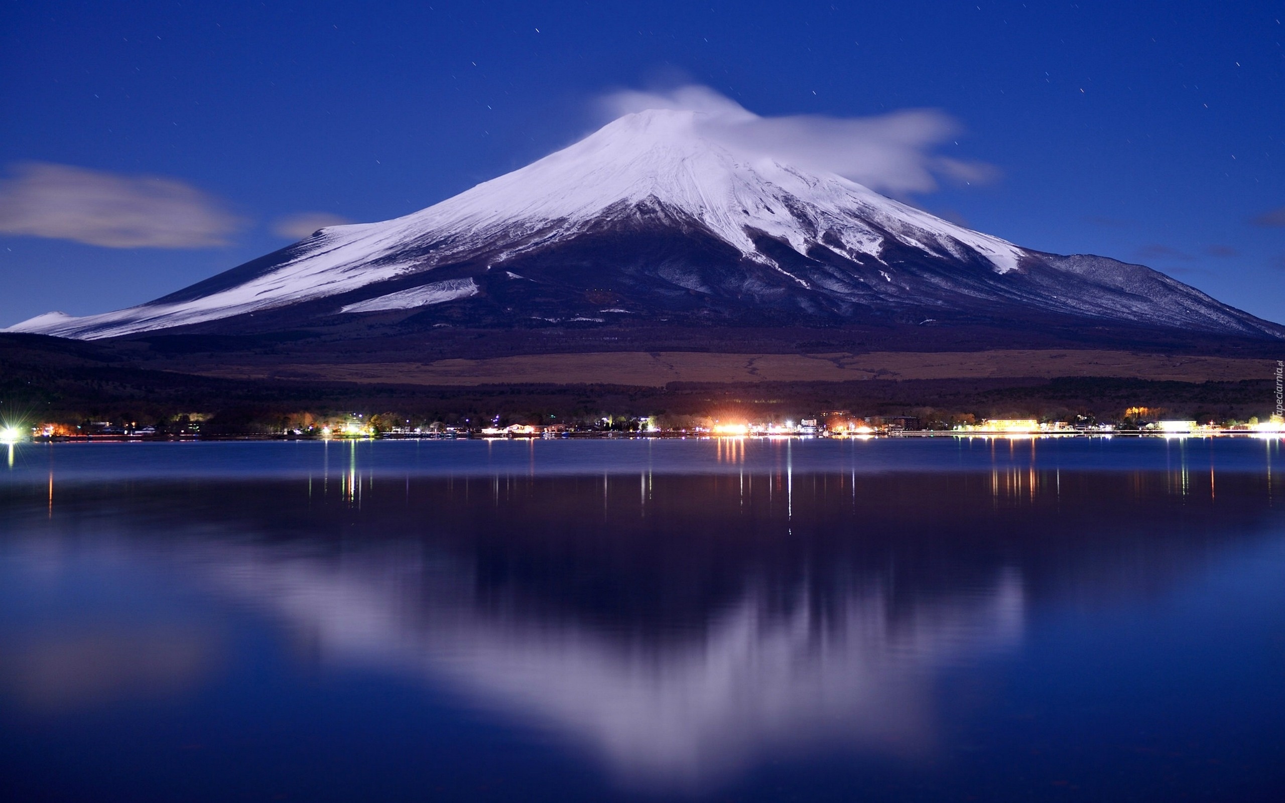 Góra, Fuji, Japonia, Jezioro, Noc