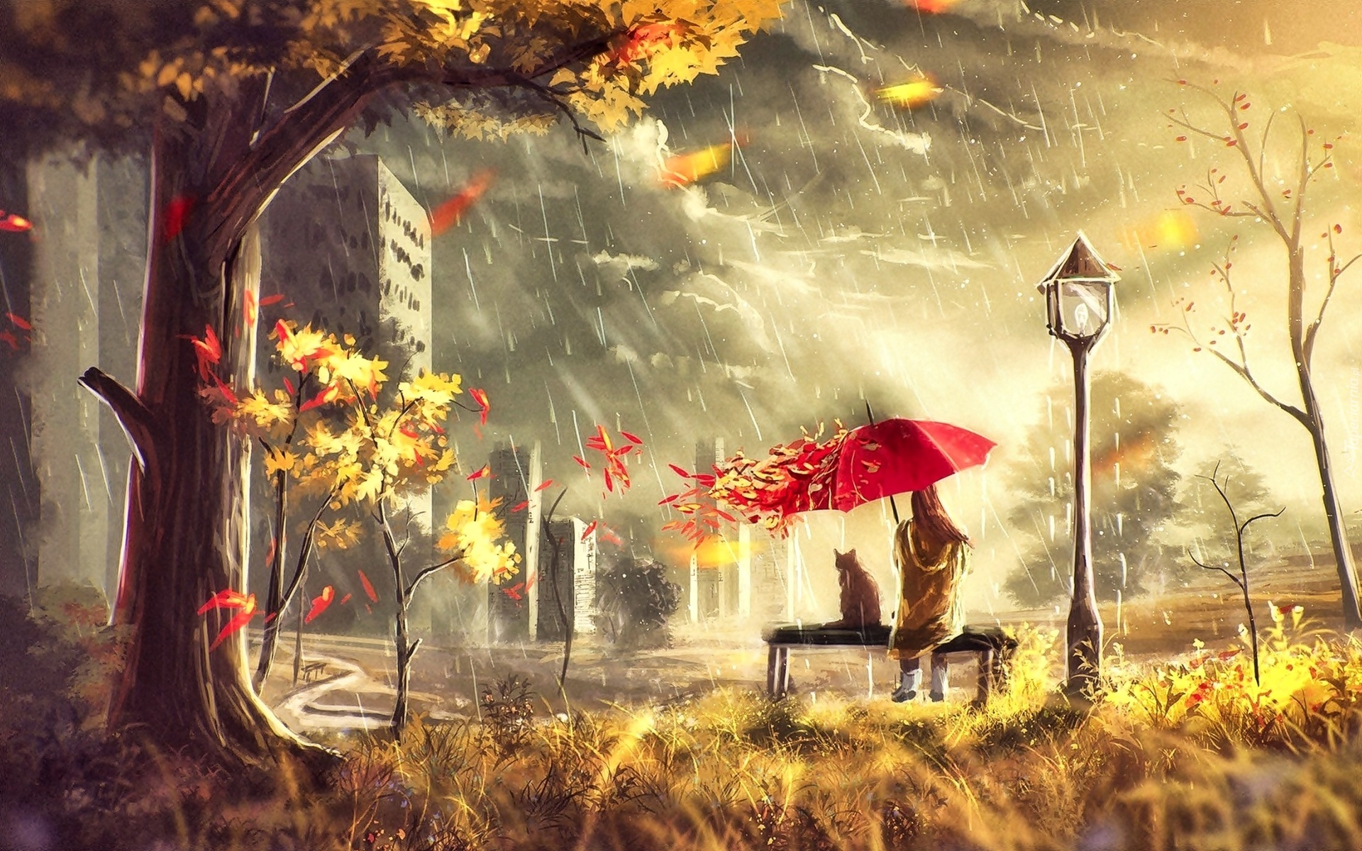 Grafika, Jesień, Deszcz, Drzewo, Domy, Człowiek, Kot, Ławka, Parasol