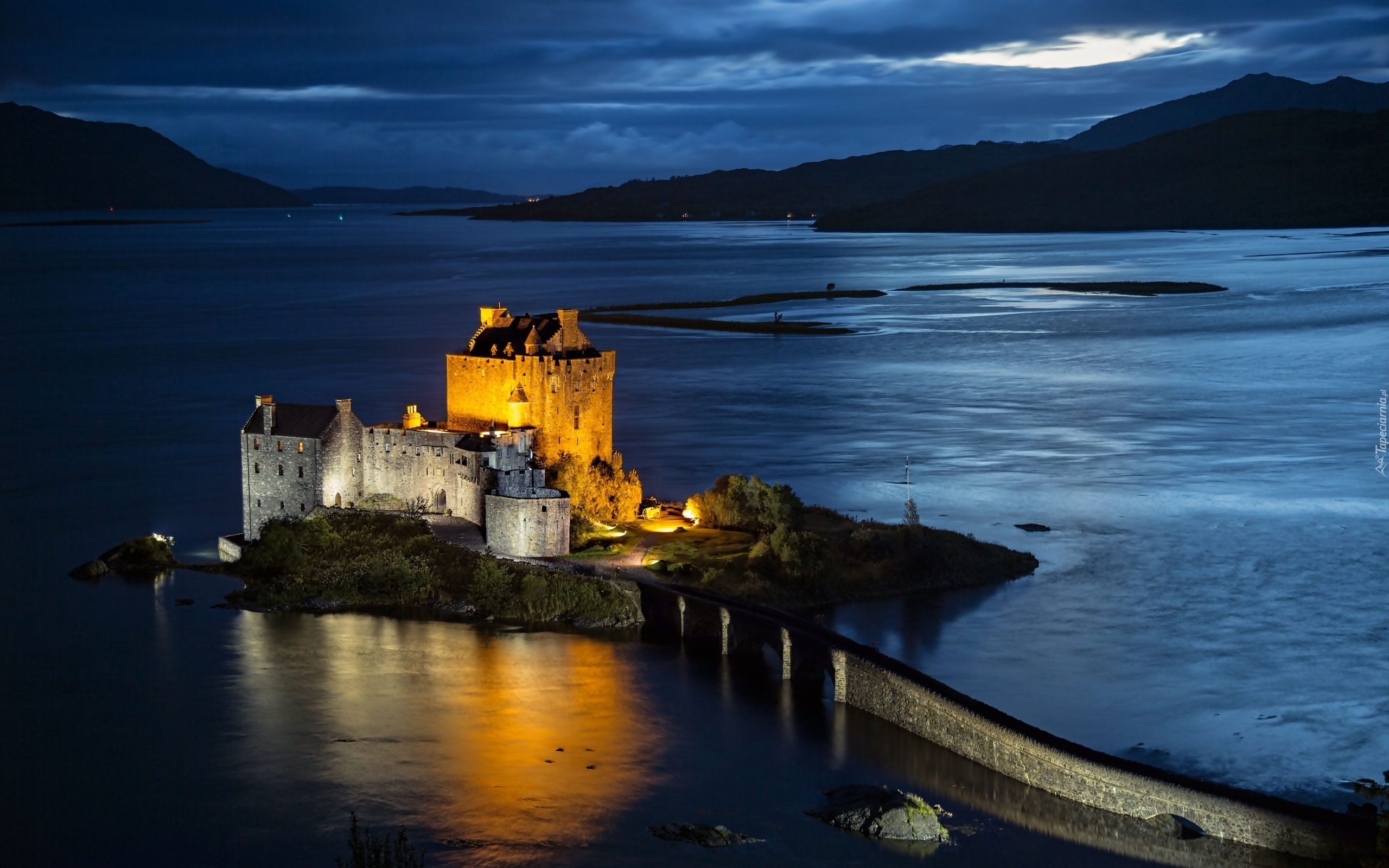 Zamek Eilean Donan, Wyspa, Kamienny, Most, Szkocja, Noc
