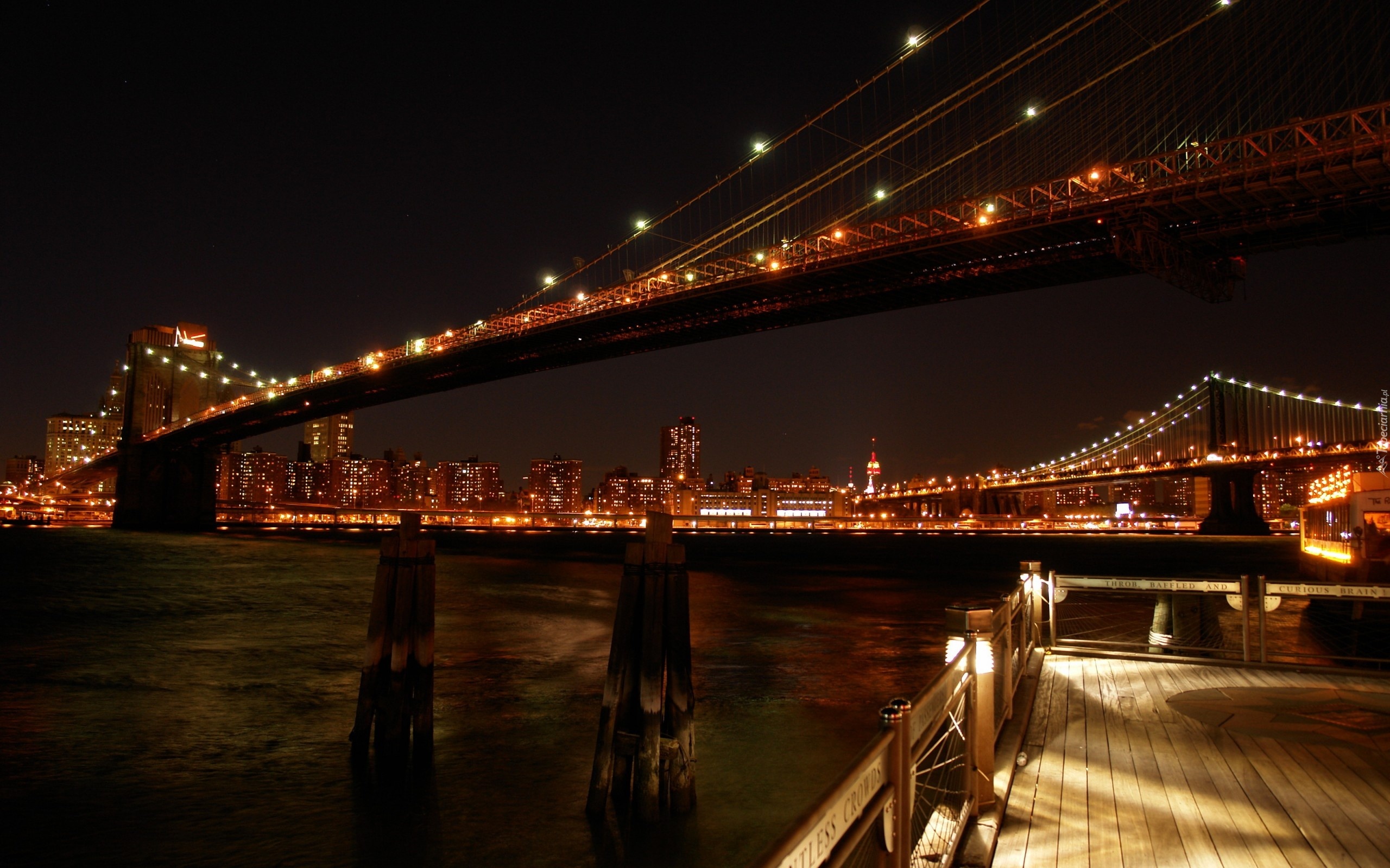 Nowy Jork, Miasto, Nocą, Most