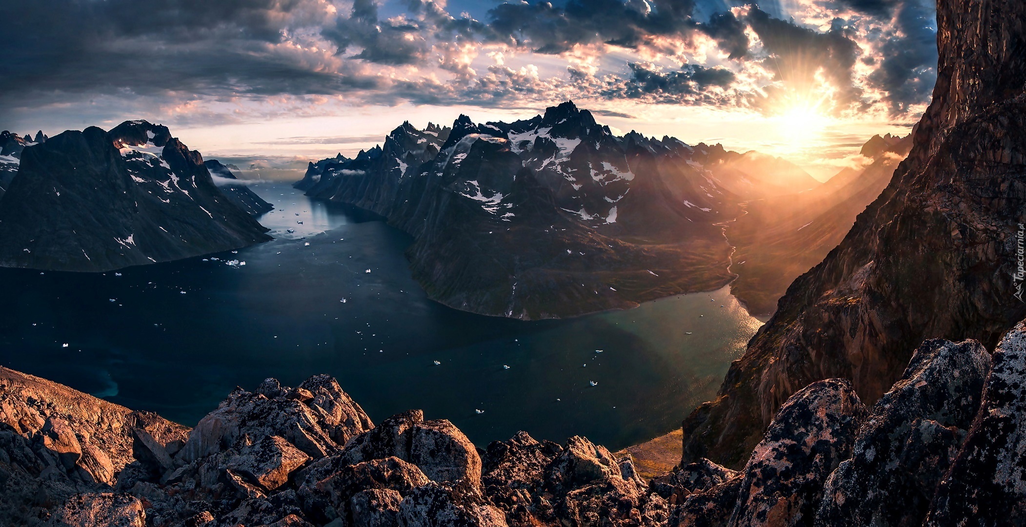 Grenlandia, Góry, Morze, Wschód Słońca
