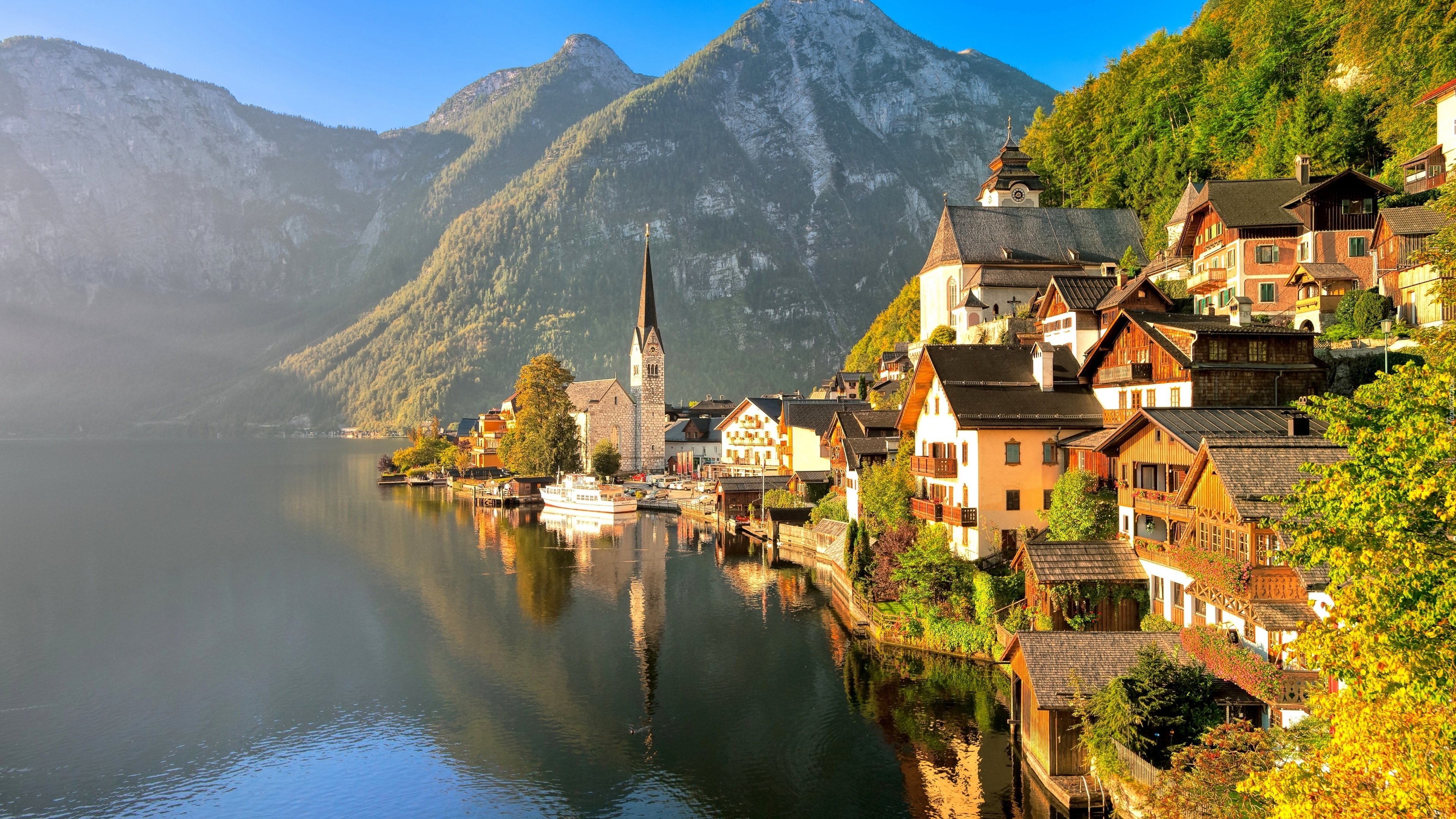Jezioro, Góry, Hallstatt, Austria, Jesień