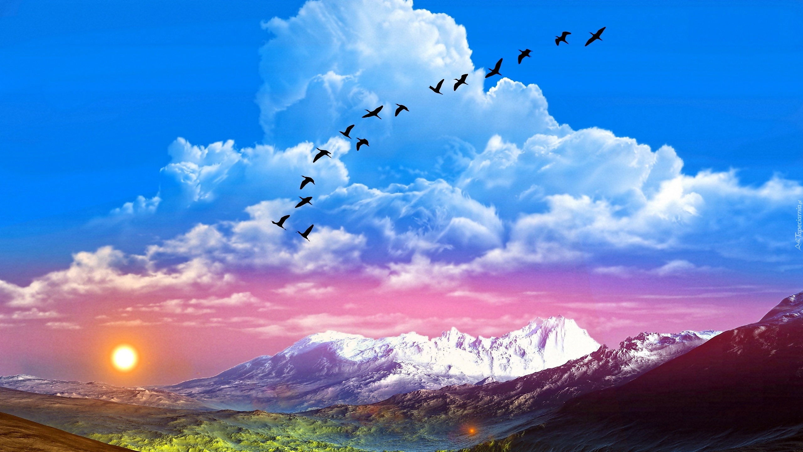 Góry, Słońce, Chmury, Ptaki, Fantasy, Krajobraz