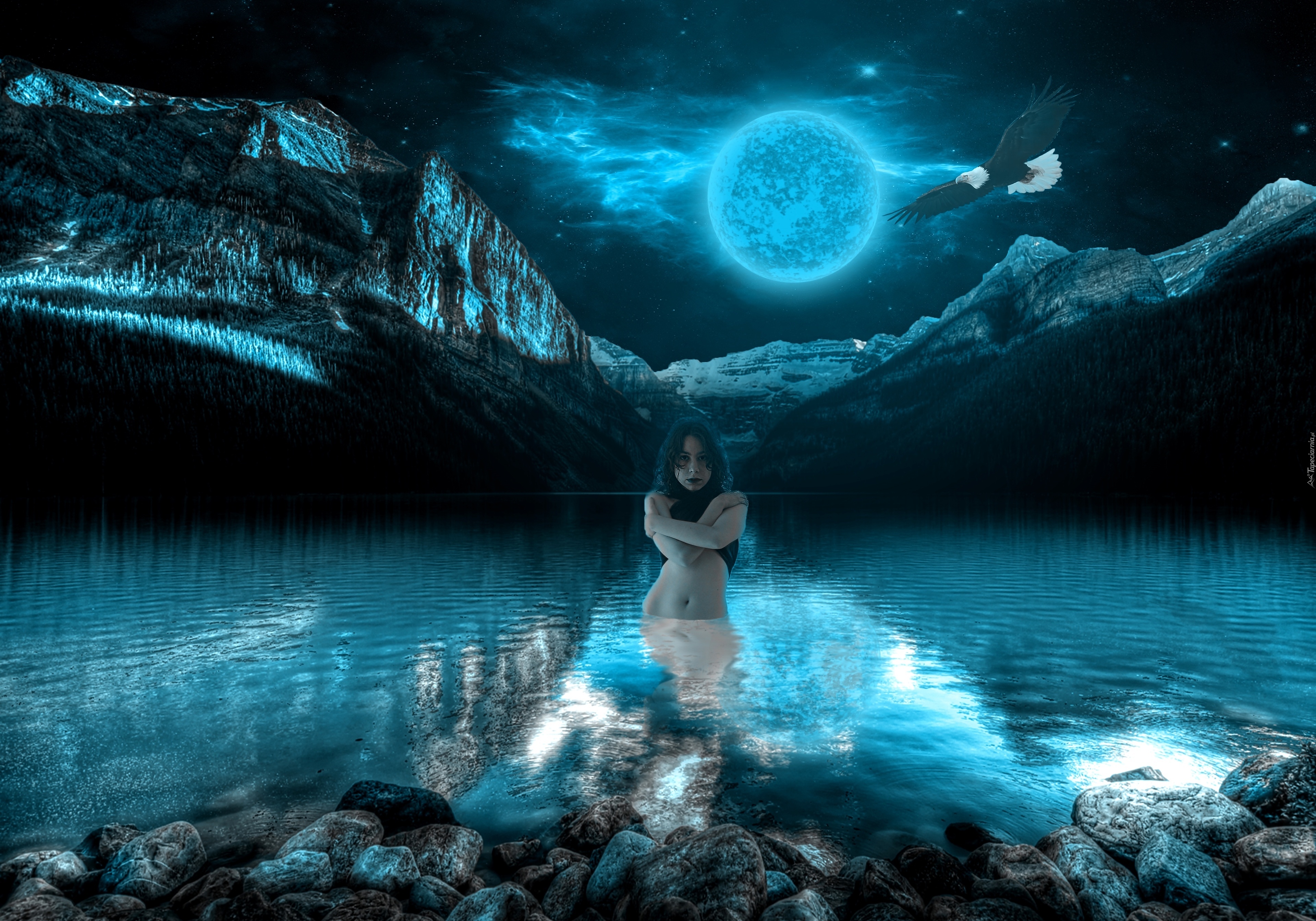 Fantasy, Kobieta, Góry, Jezioro, Noc, Księżyc