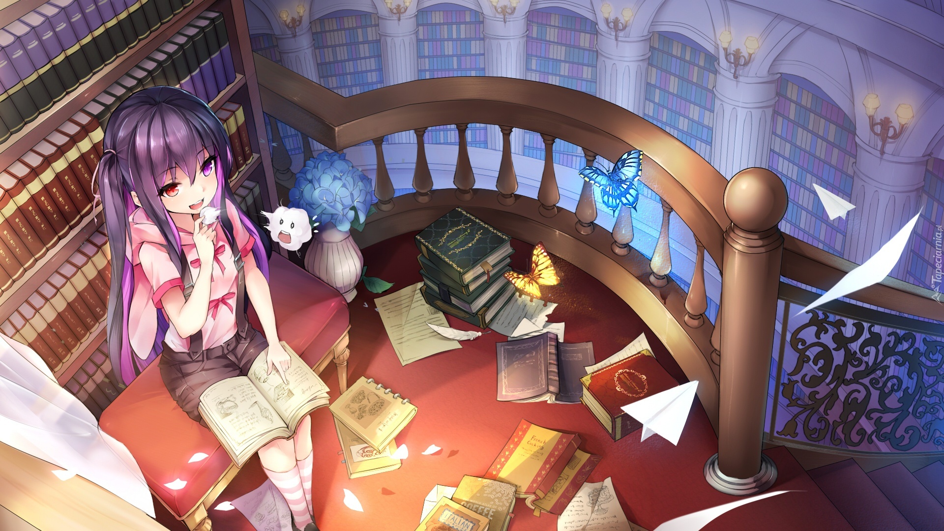 Dziewczyna, Książki, Biblioteka, Motyle, Anime
