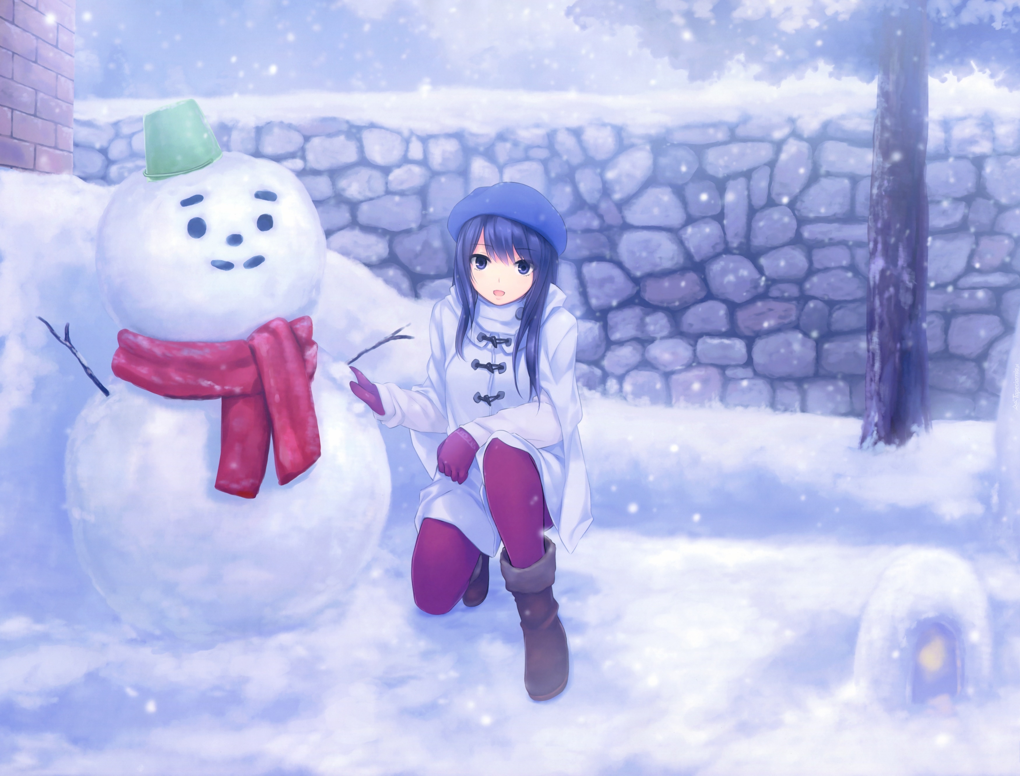 Dziewczyna, Bałwan, Śnieg, Anime