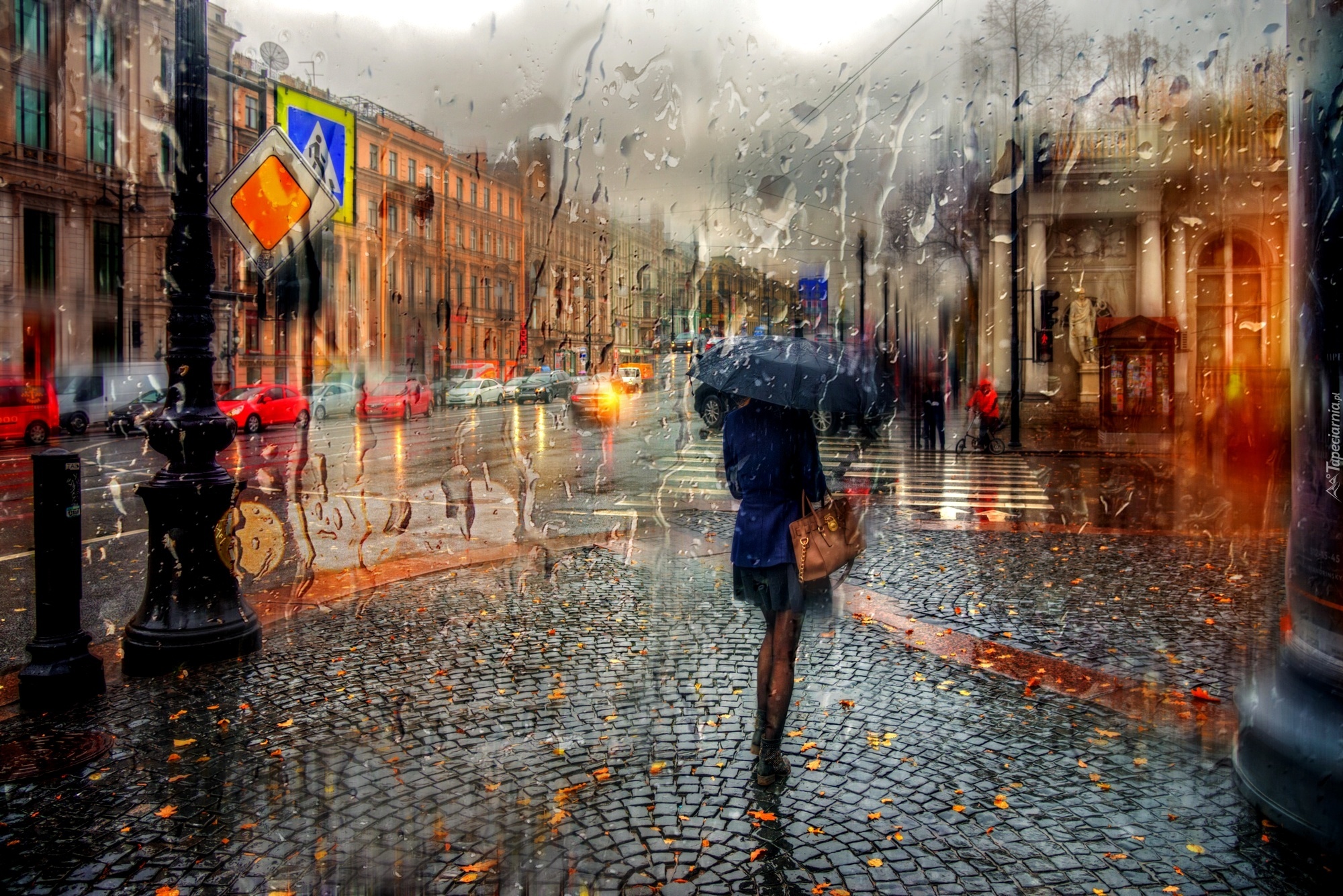 Deszcz, Ulica, Kamienice, Kobieta, Parasol