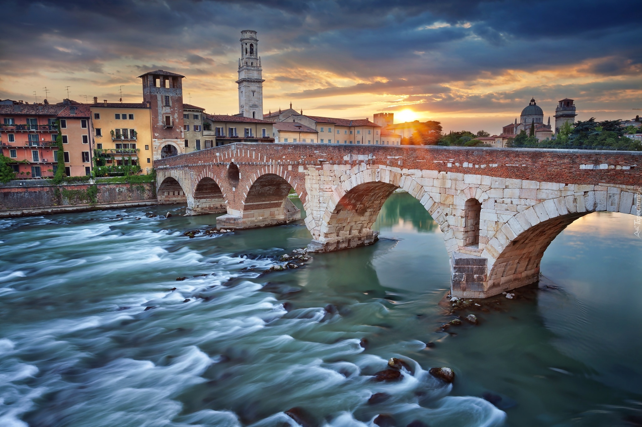 Włochy, Werona, Most, Rzeka, Promienie, Słońca