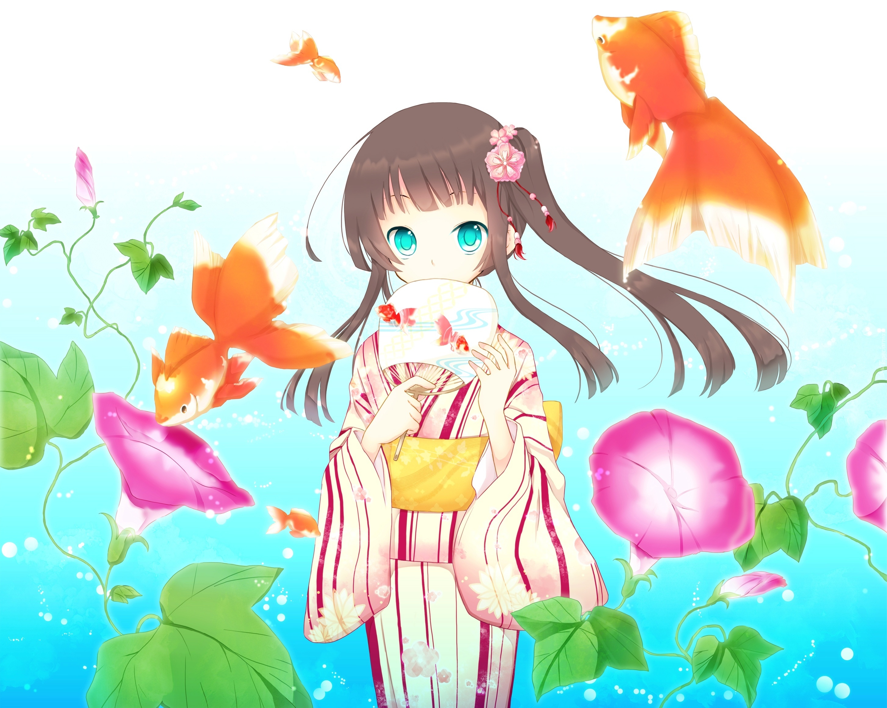 Dziewczyna, Ryby, Kwiaty, Anime
