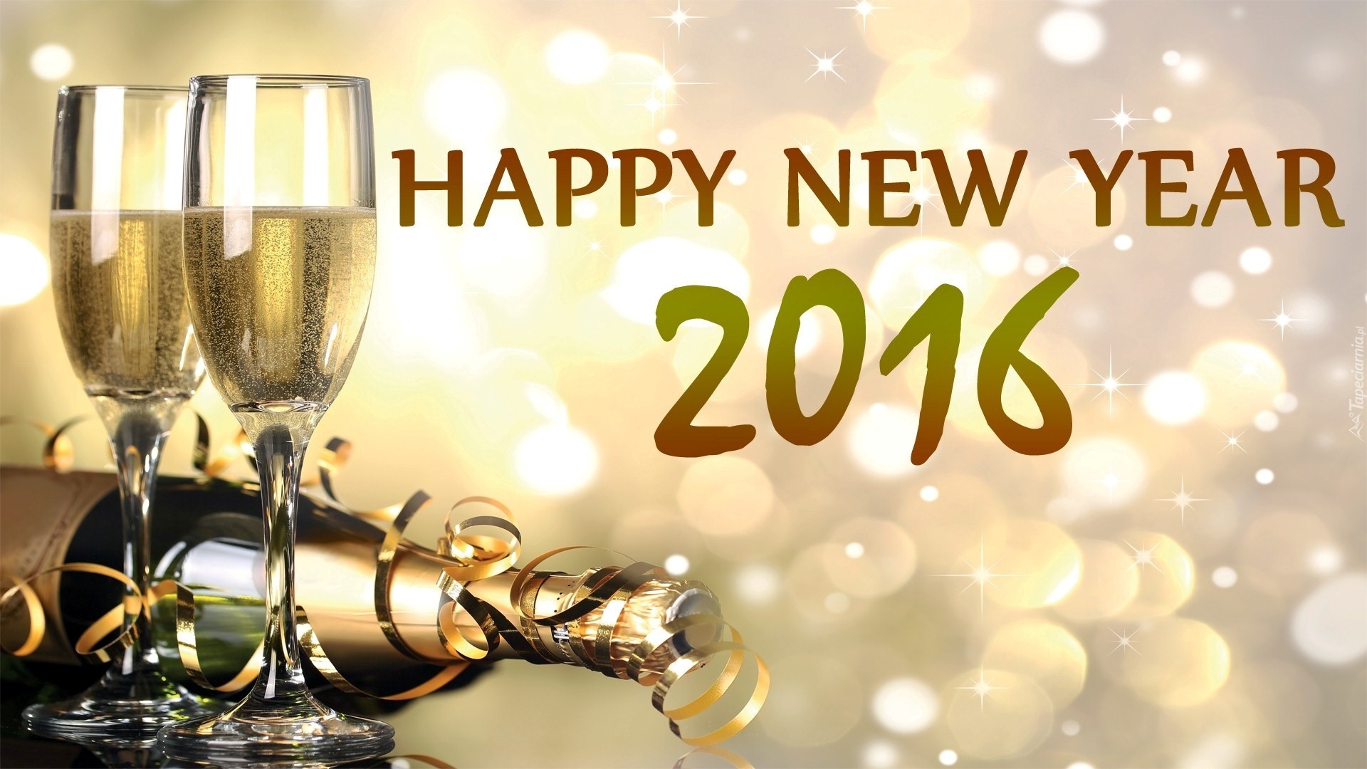 Szampan, Kieliszki, Napis, Happy, New, Year, 2016, Bokeh