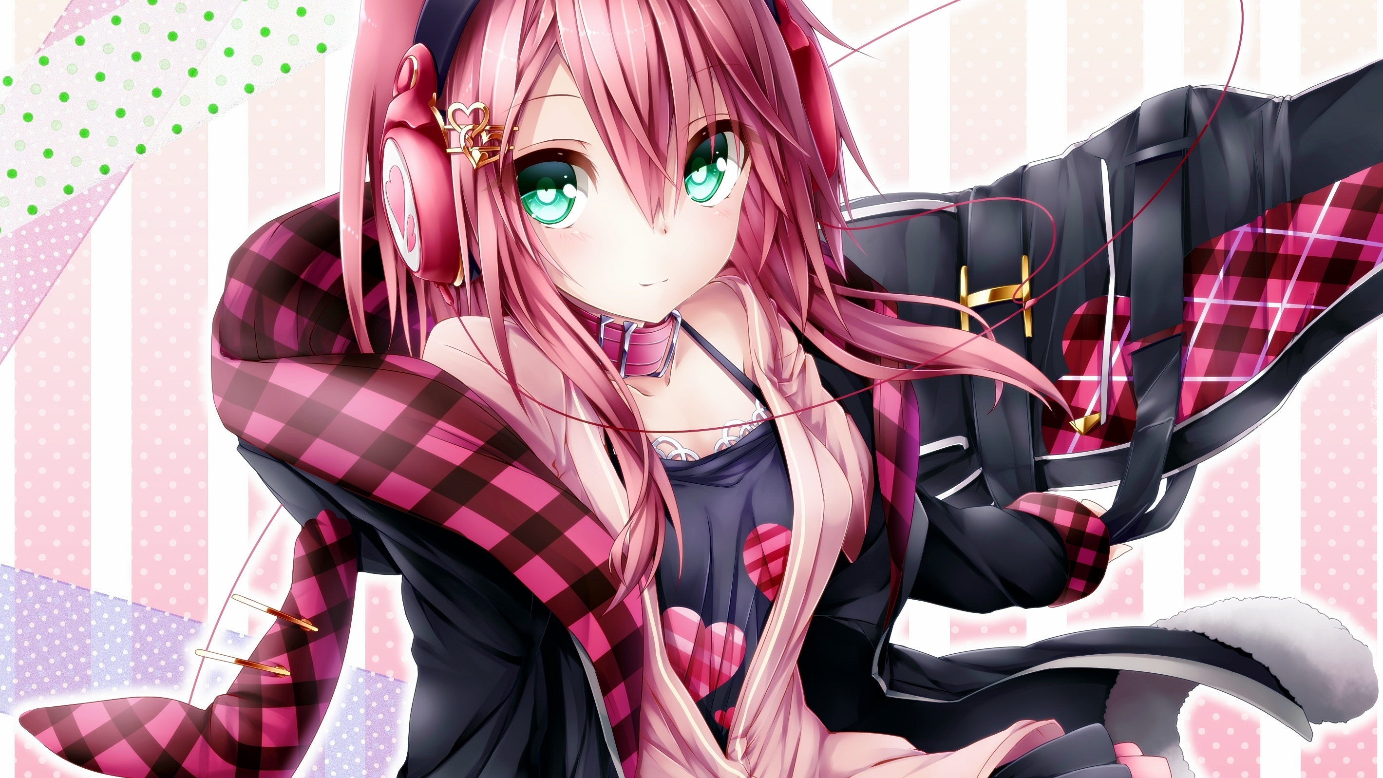 Dziewczyna, Słuchawki, Różowe włosy, Anime