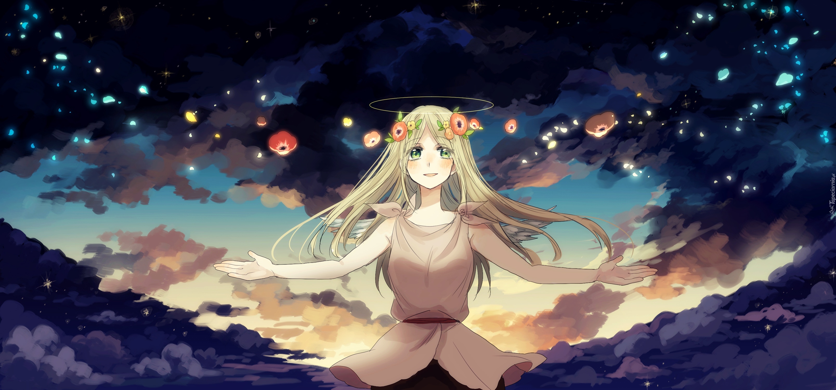 Dziewczyna, Kwiaty, Niebo, Anime