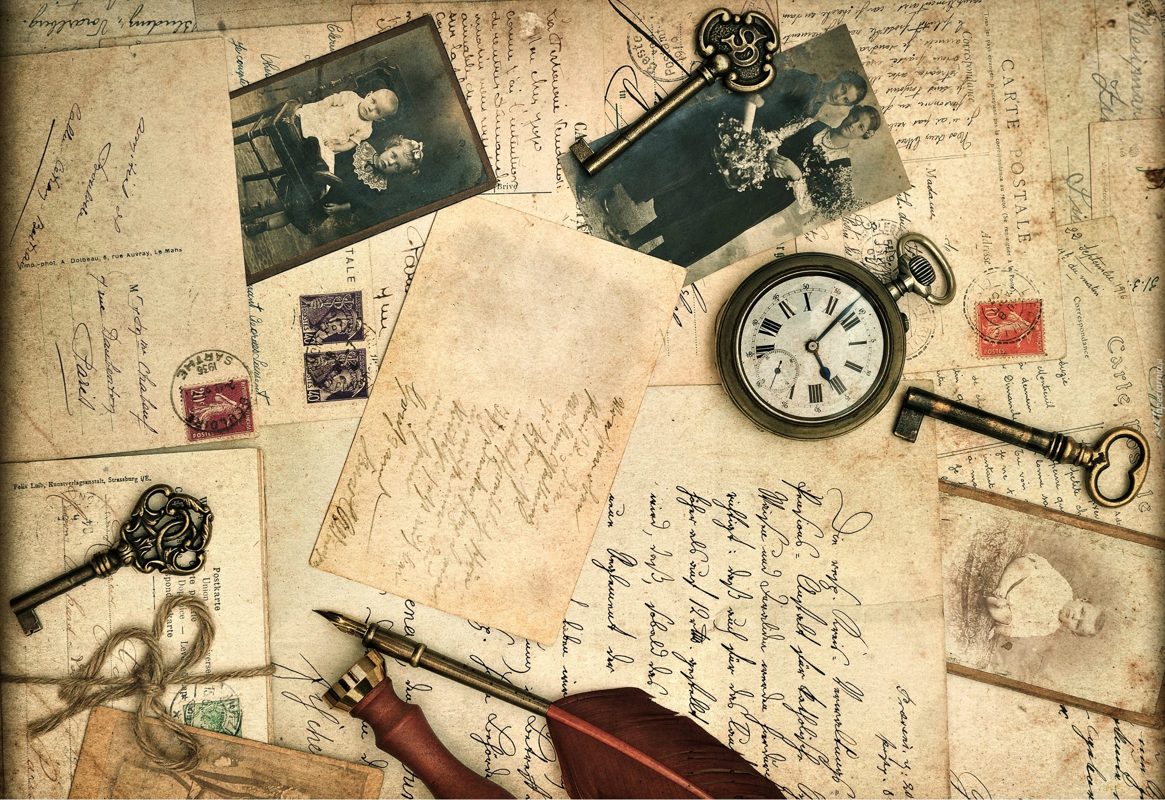 Listy, Zegarek Kieszonkowy, Klucze, Pióra, Vintage