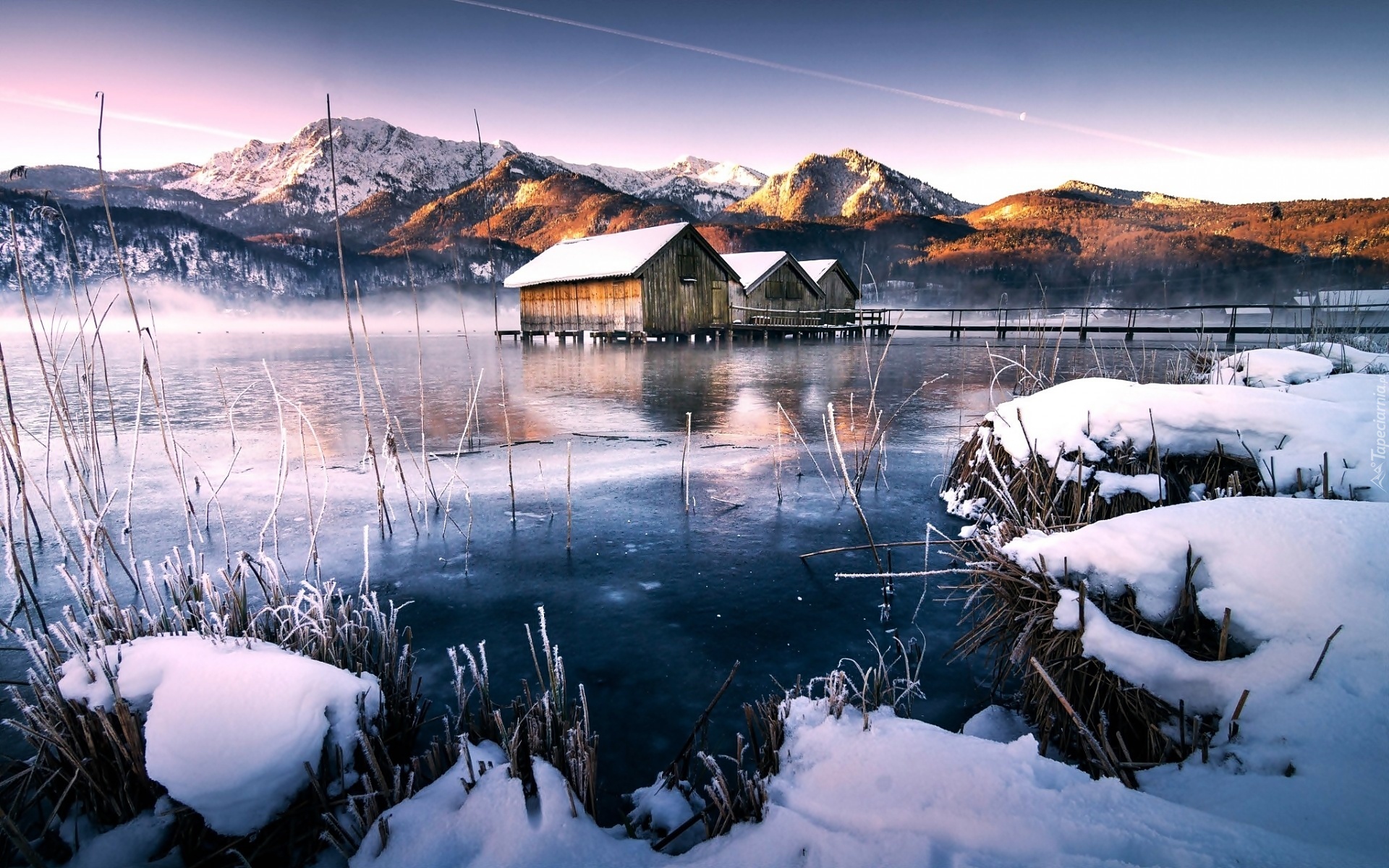 Zima, Góry, Jezioro, Drewniane Domki
