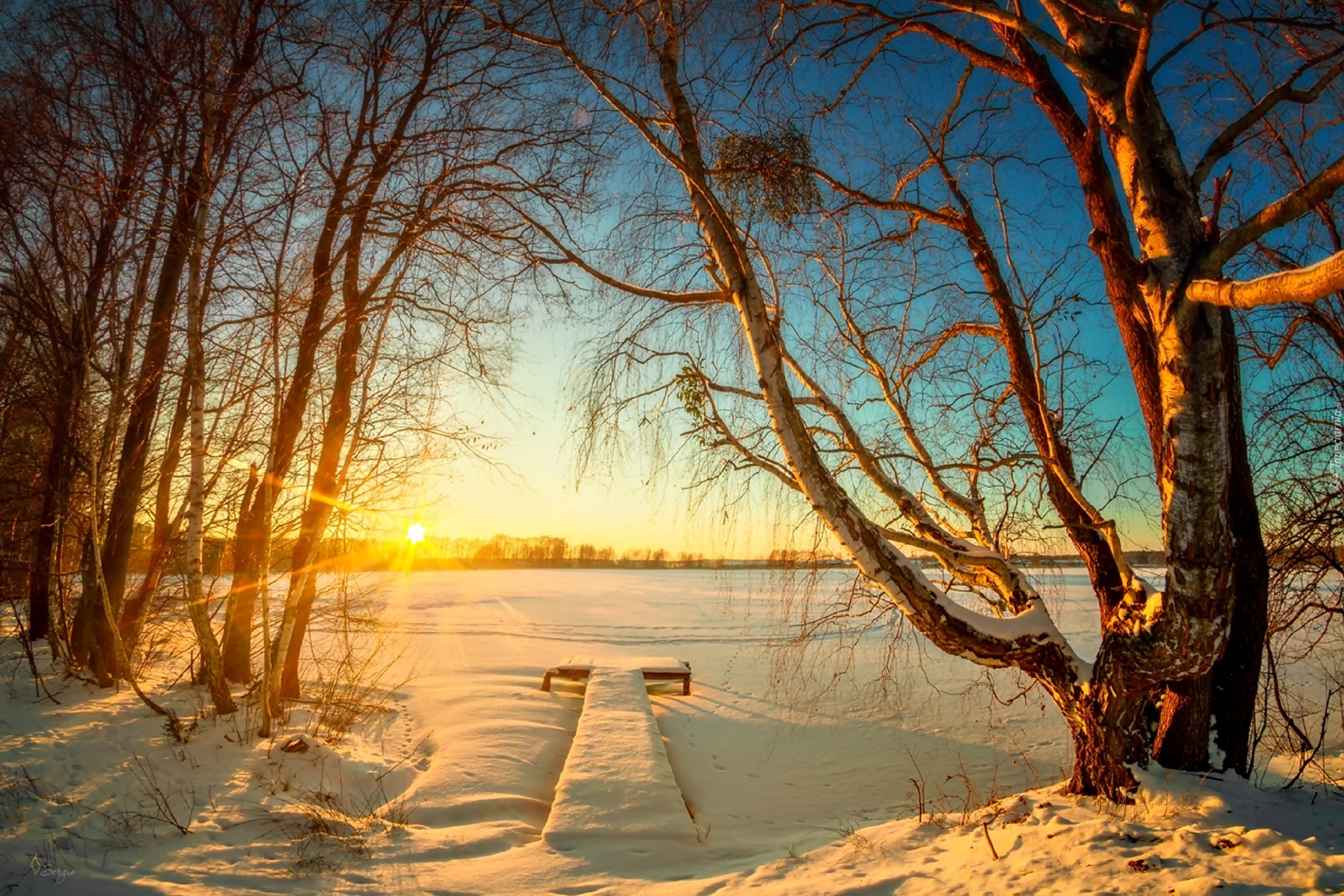 Zima, Jezioro, Promienie Słońca, Pomost, Drzewa