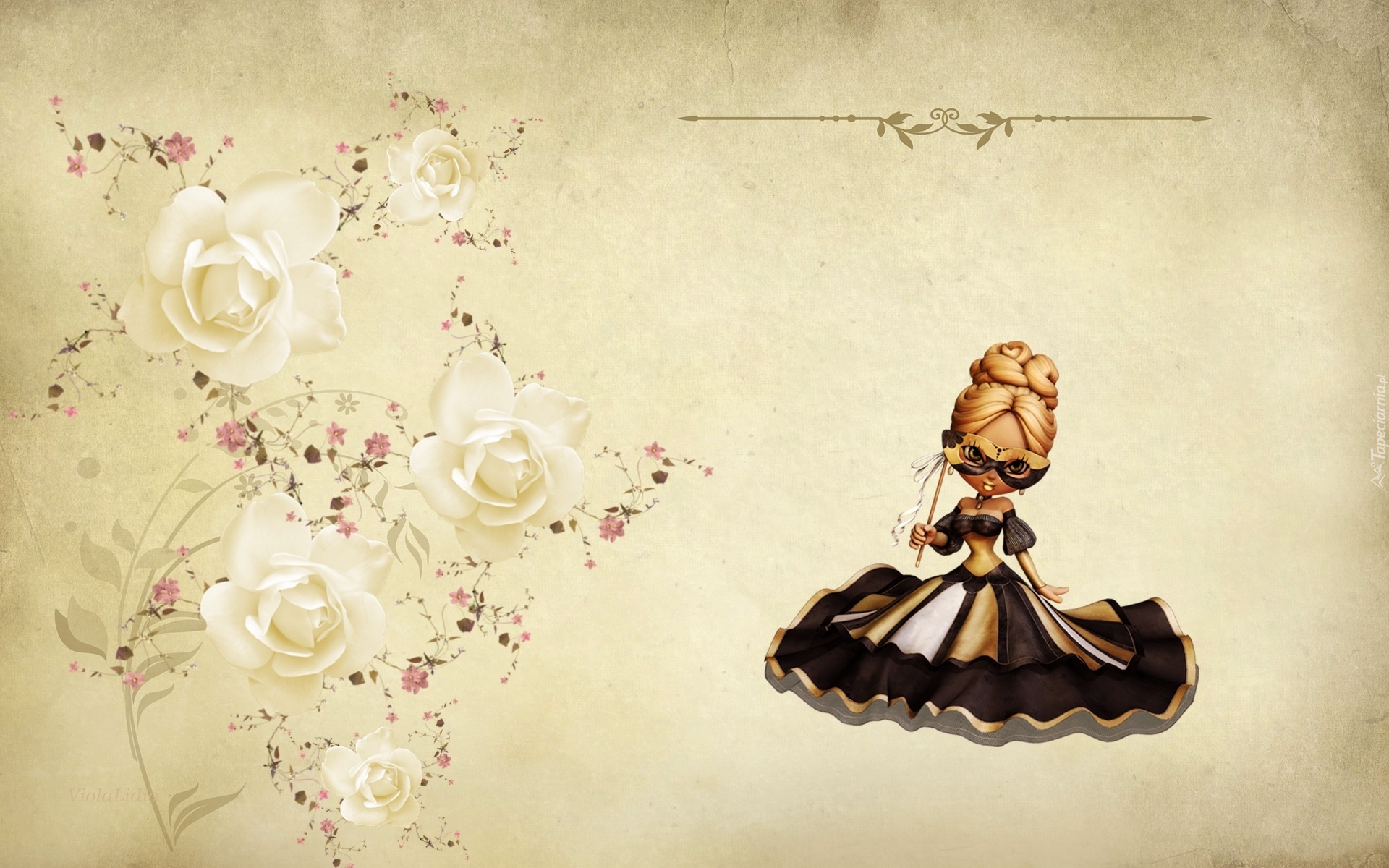 Grafika 2D, Lalka, Maska, Kwiaty, Róże