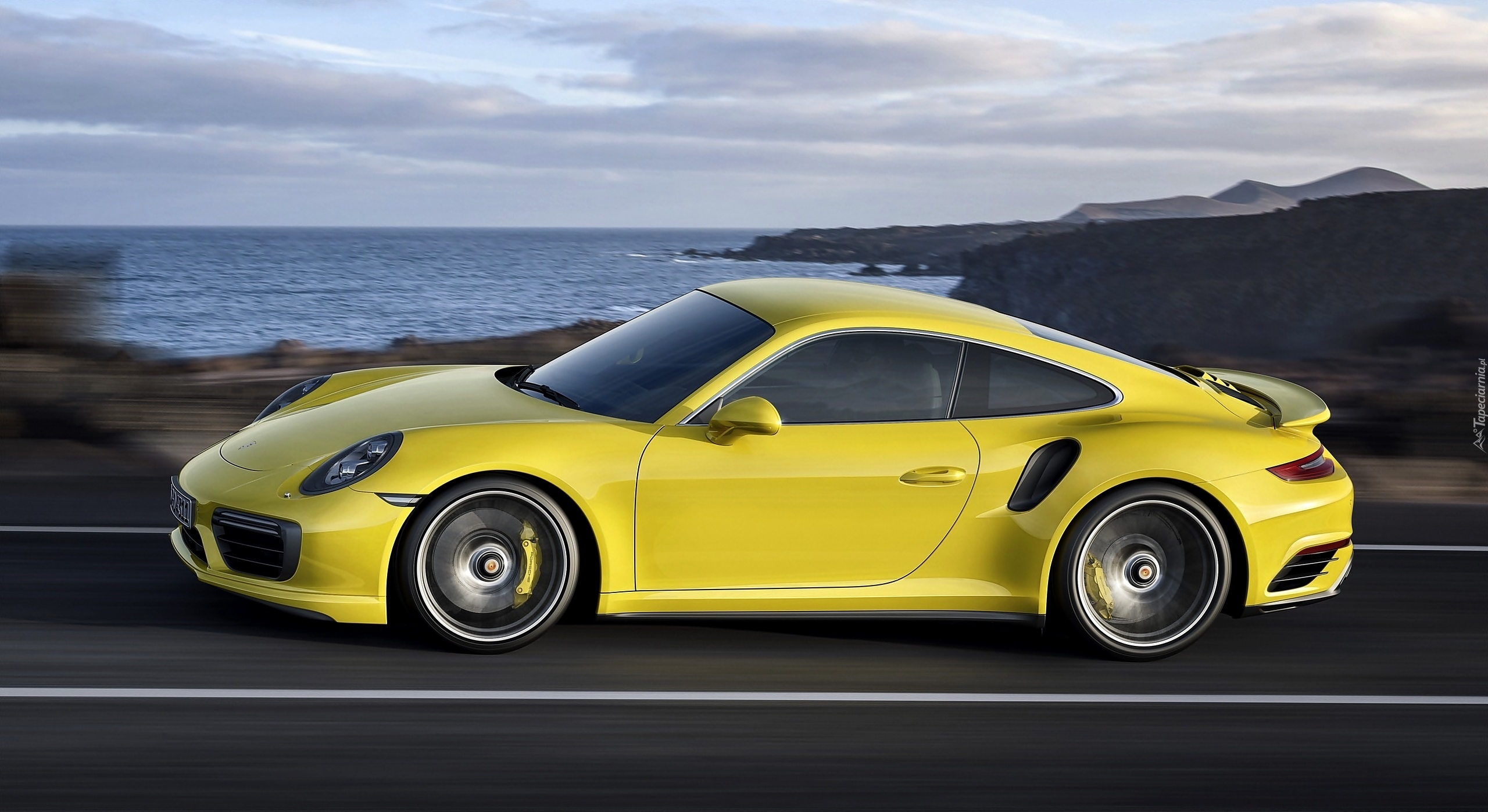 Żółte, Porsche, 911 Turbo, Droga, Jezioro