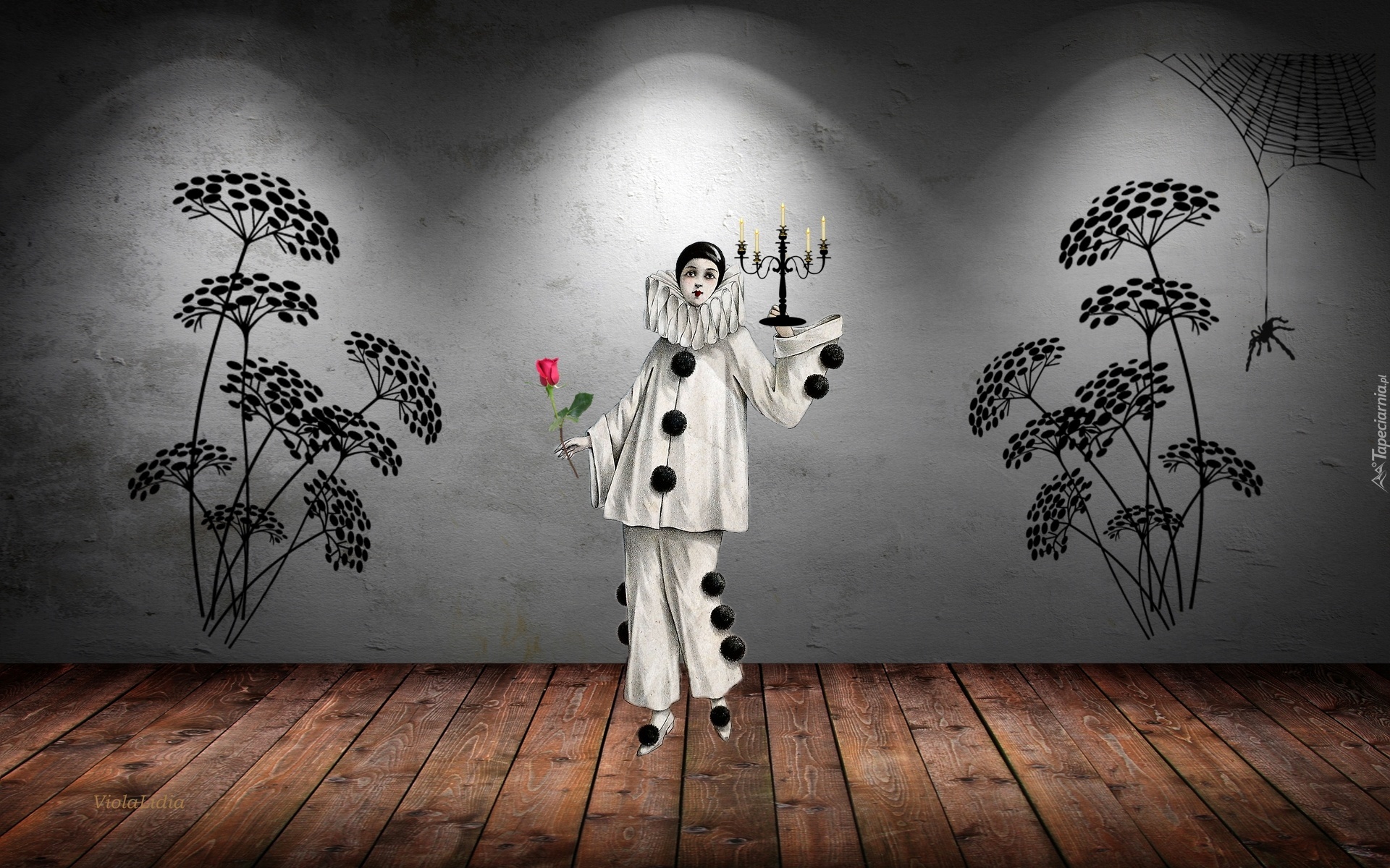 Grafika, Pierrot, Rośliny, Róża