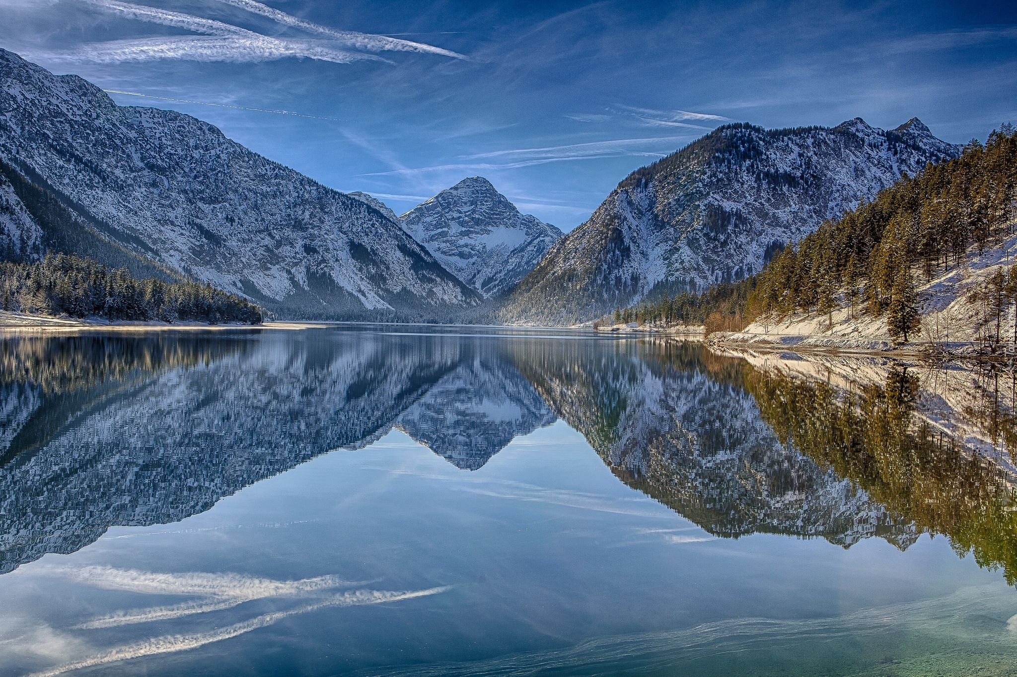 Zima, Alpy, Las, Jezioro, Plansee, Tyrol