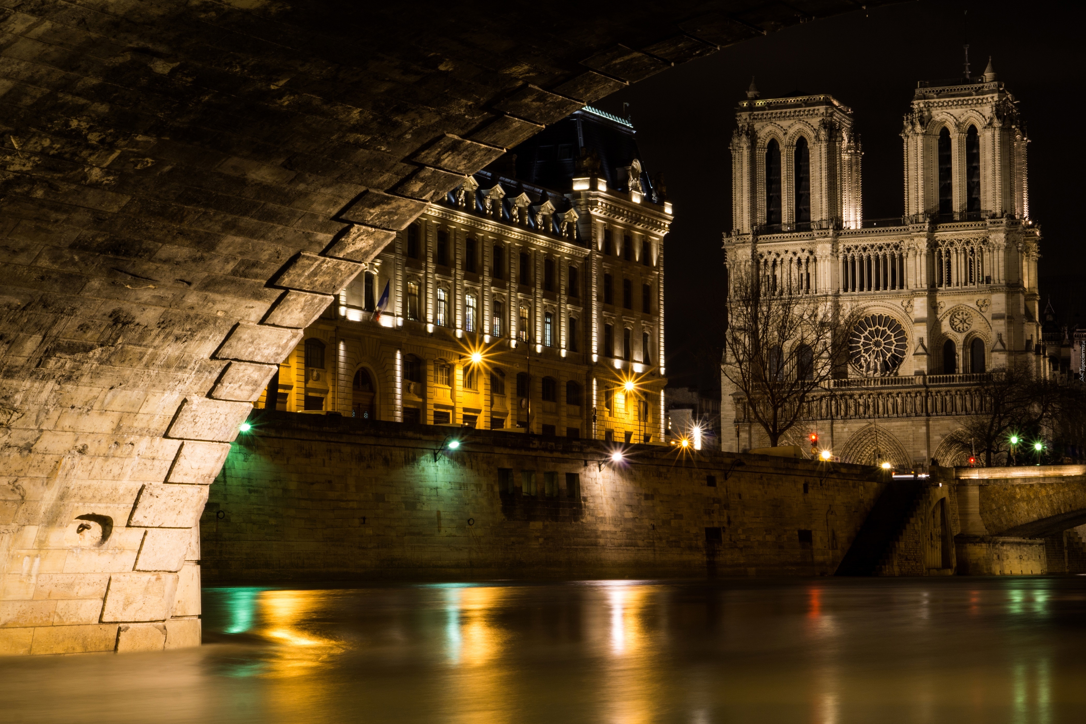 Paryż, Katedra, Notre Dame, Most, Rzeka, Noc