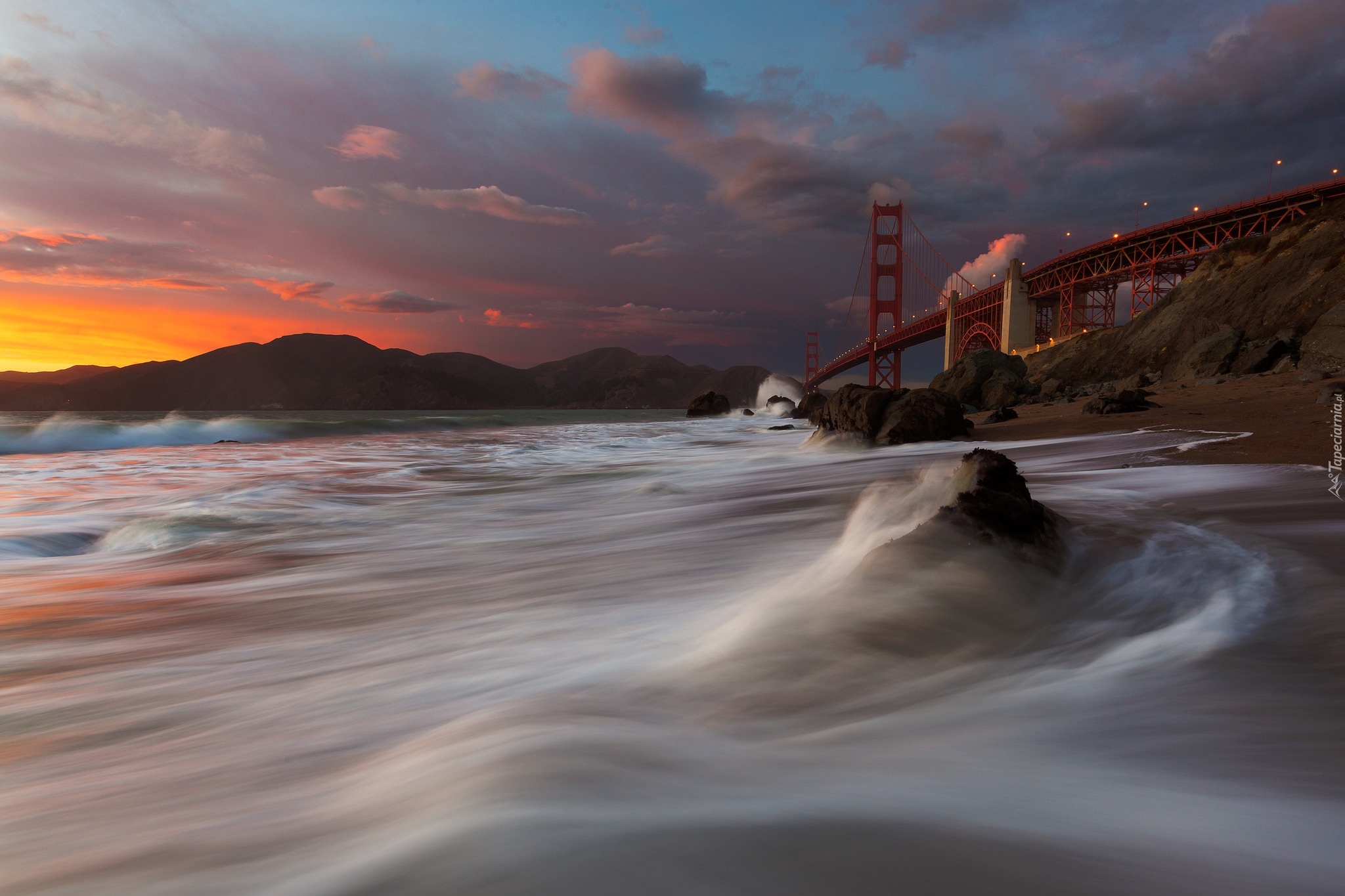 Most, Golden Gate, Morze, Zachód, Słońca, San Francisco