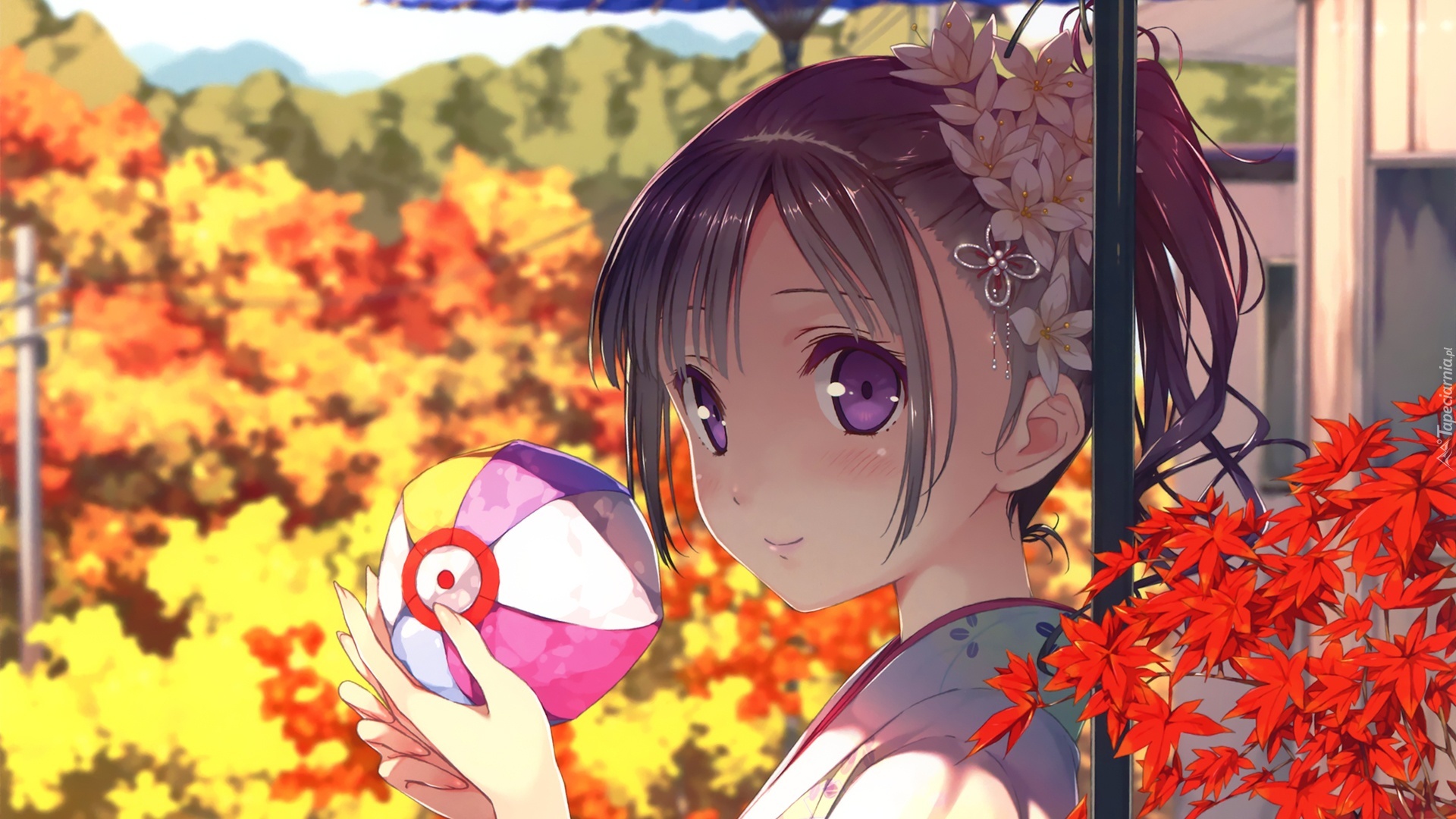 Dziewczyna, Kula, Kwiaty, Liście, Manga, Anime