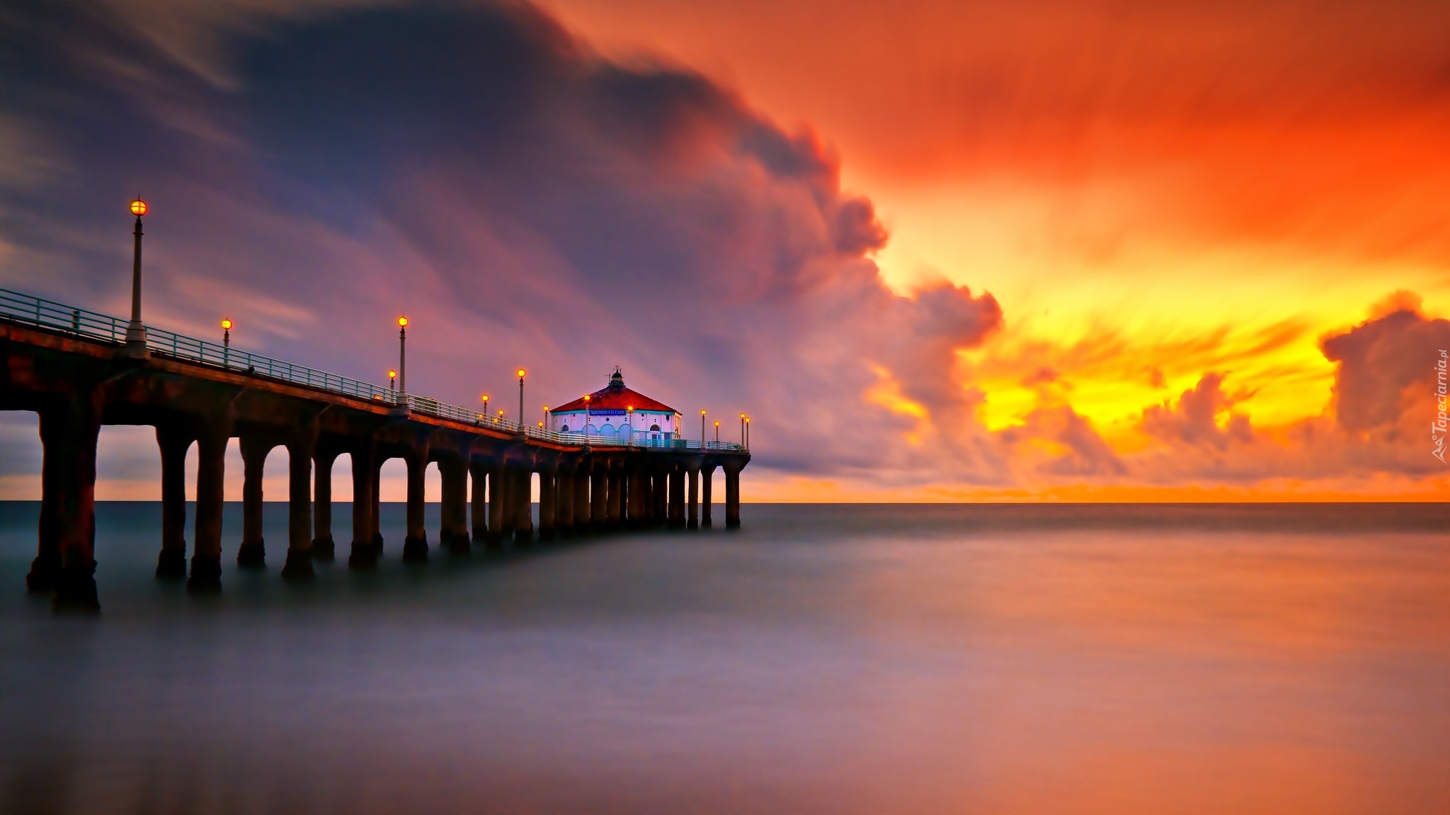 Morze, Molo, Huntington Beach Pier, Zachód słońca, Huntington Beach, Kalifornia, Stany Zjednoczone