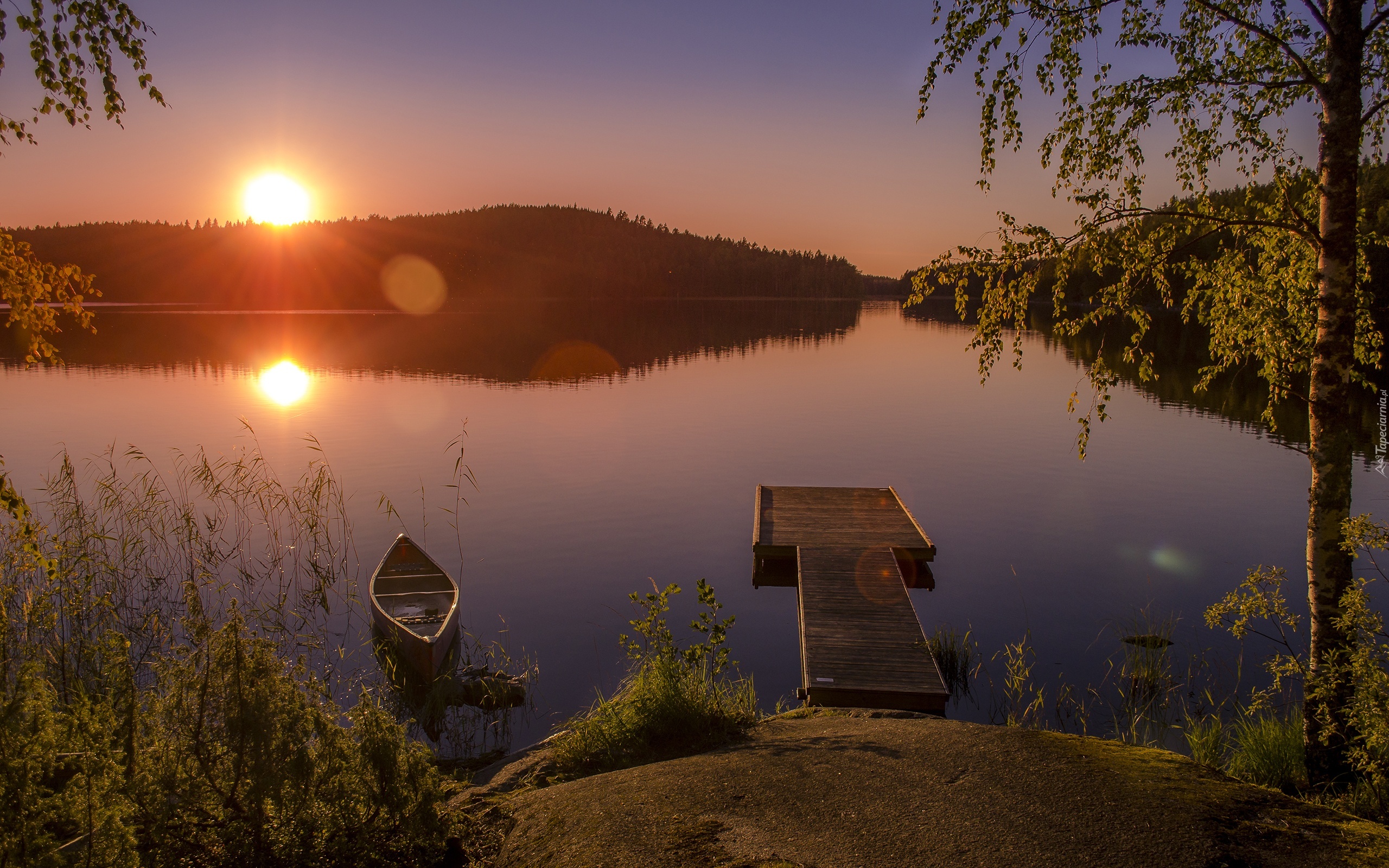 Jezioro, Wschód słońca, Łódka
