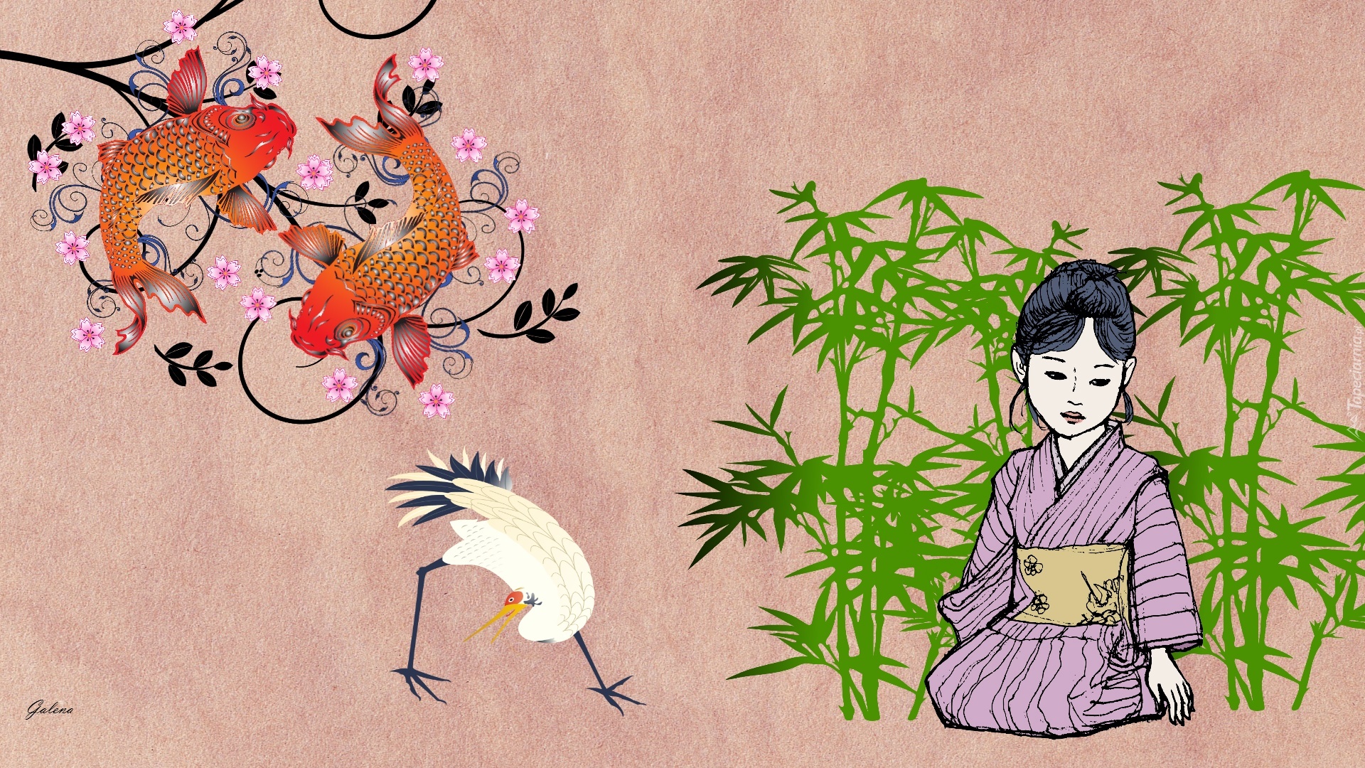 Ryby, Ptak, Dziewczynka, Kimono, Bambusy, Grafika