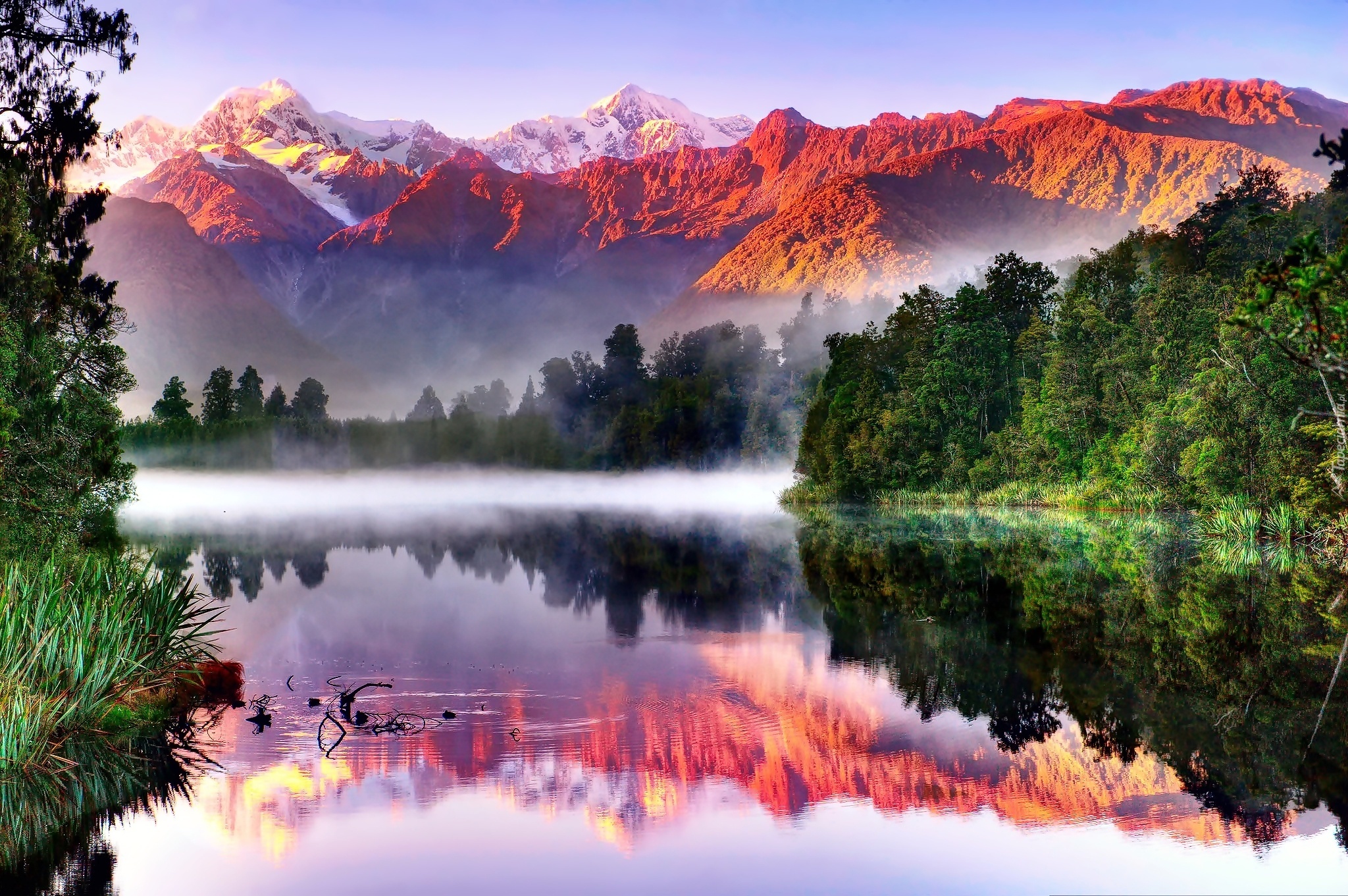Góry, Las, Jezioro, Mgła, Odbicie, Nowa Zelandia