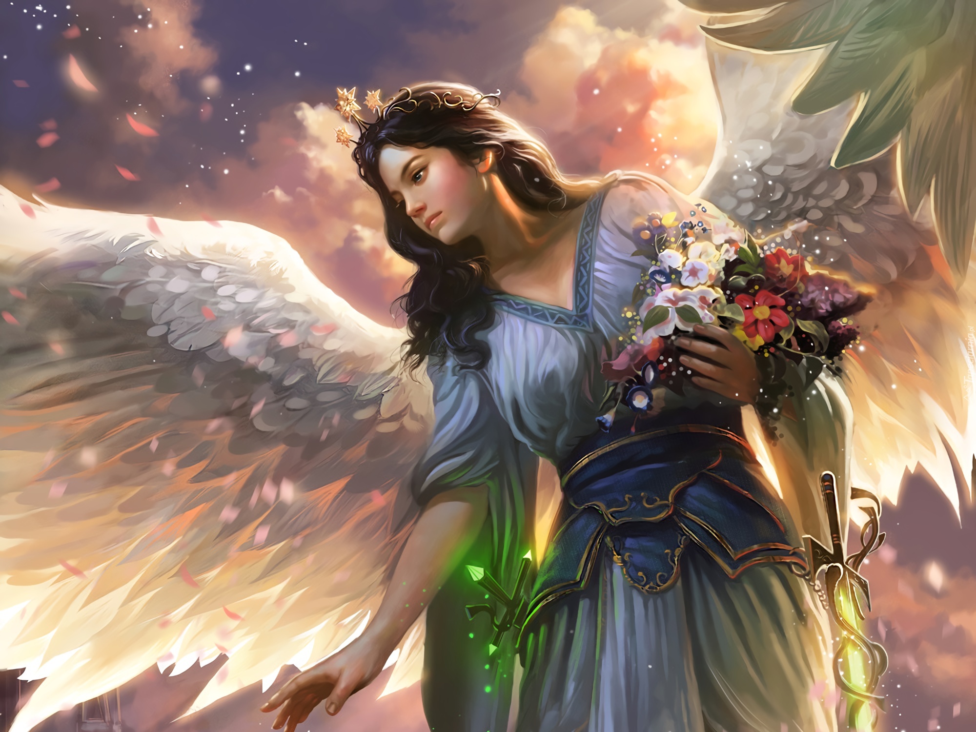 Fantasy, Kobieta, Anioł, Kwiatki