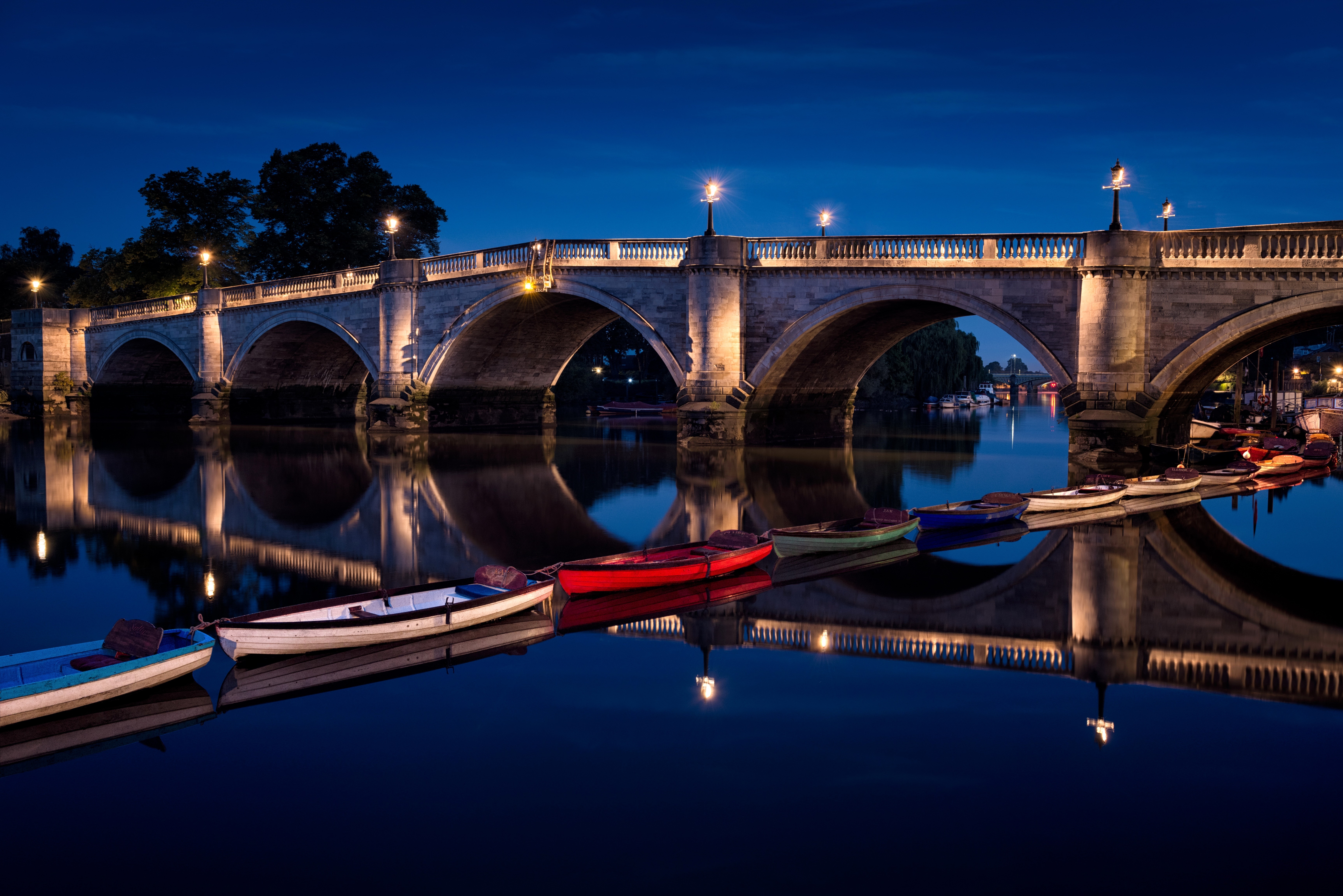 Wieczór, Most, Rzeka, Łódki, Wielka Brytania