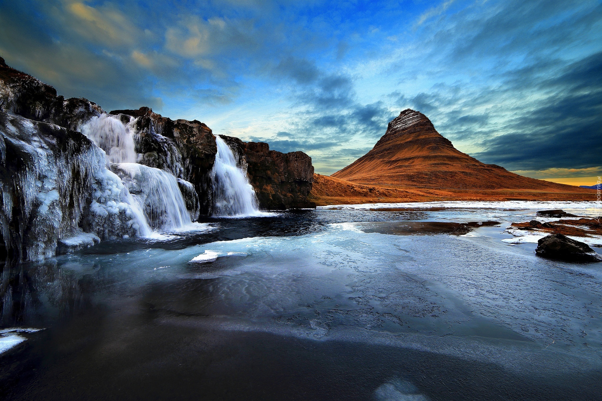 Zima, Góra, Zamarzające, Wodospady, Islandia