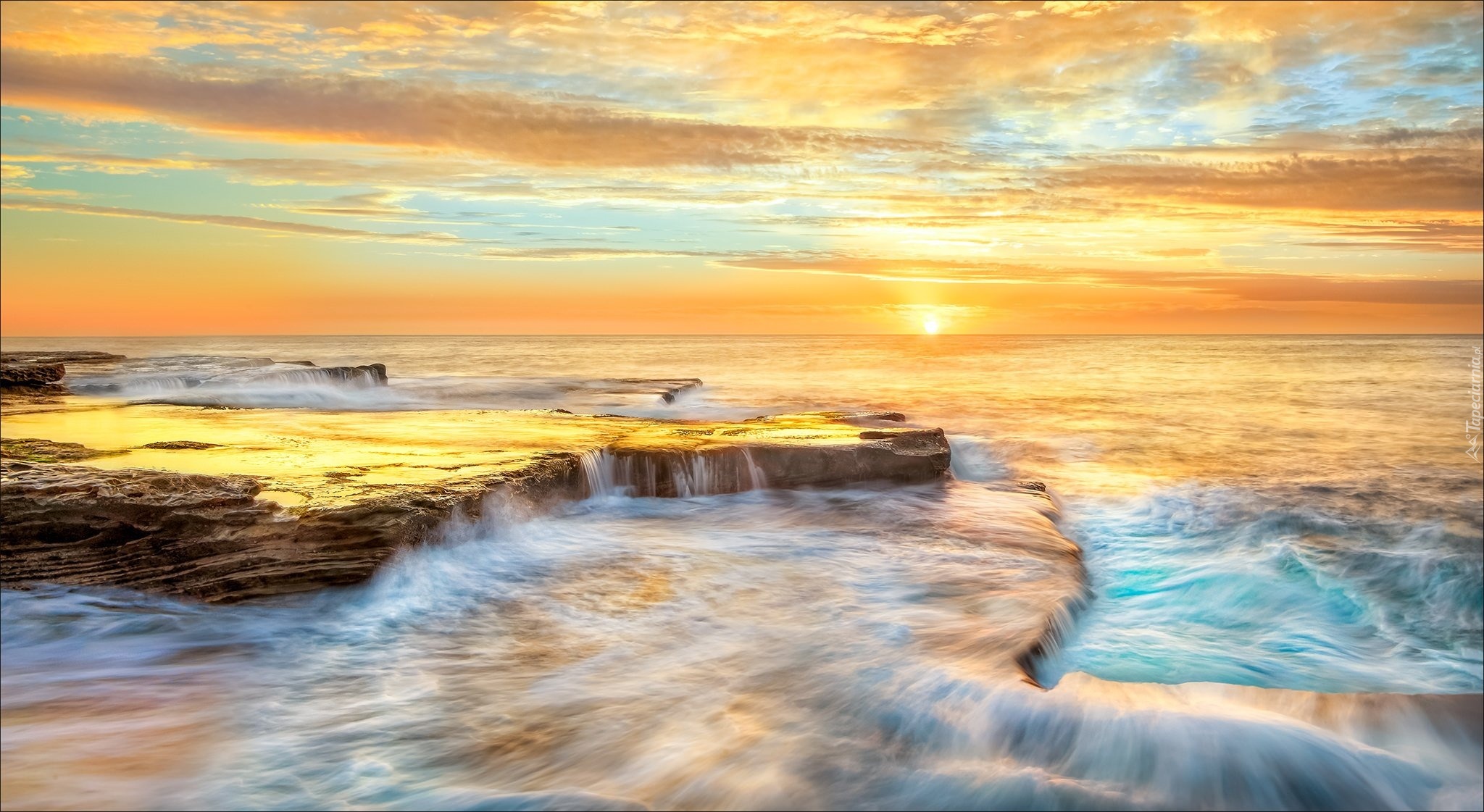 Morze, Niebo, Zachód słońca, Wybrzeże, Australia