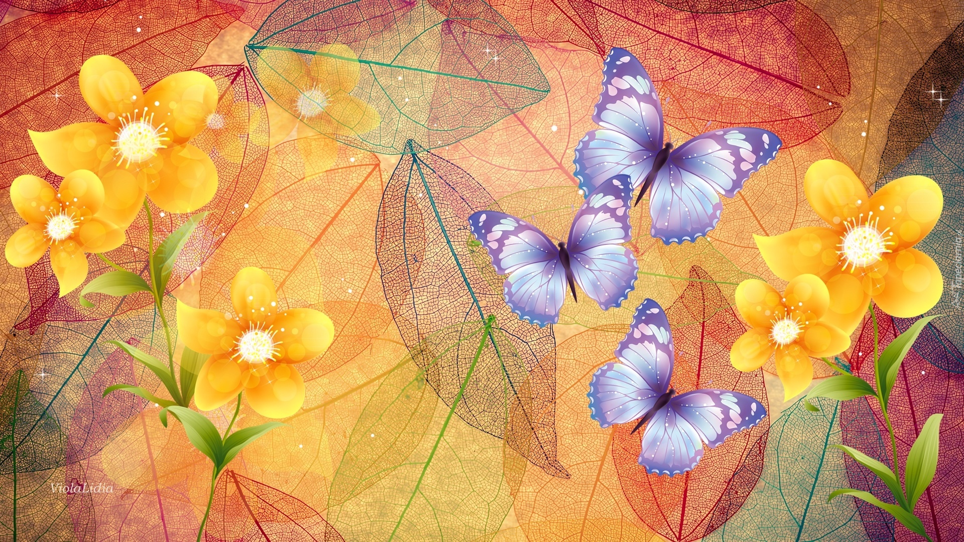 Grafika, Motyle, Kwiaty, Liście