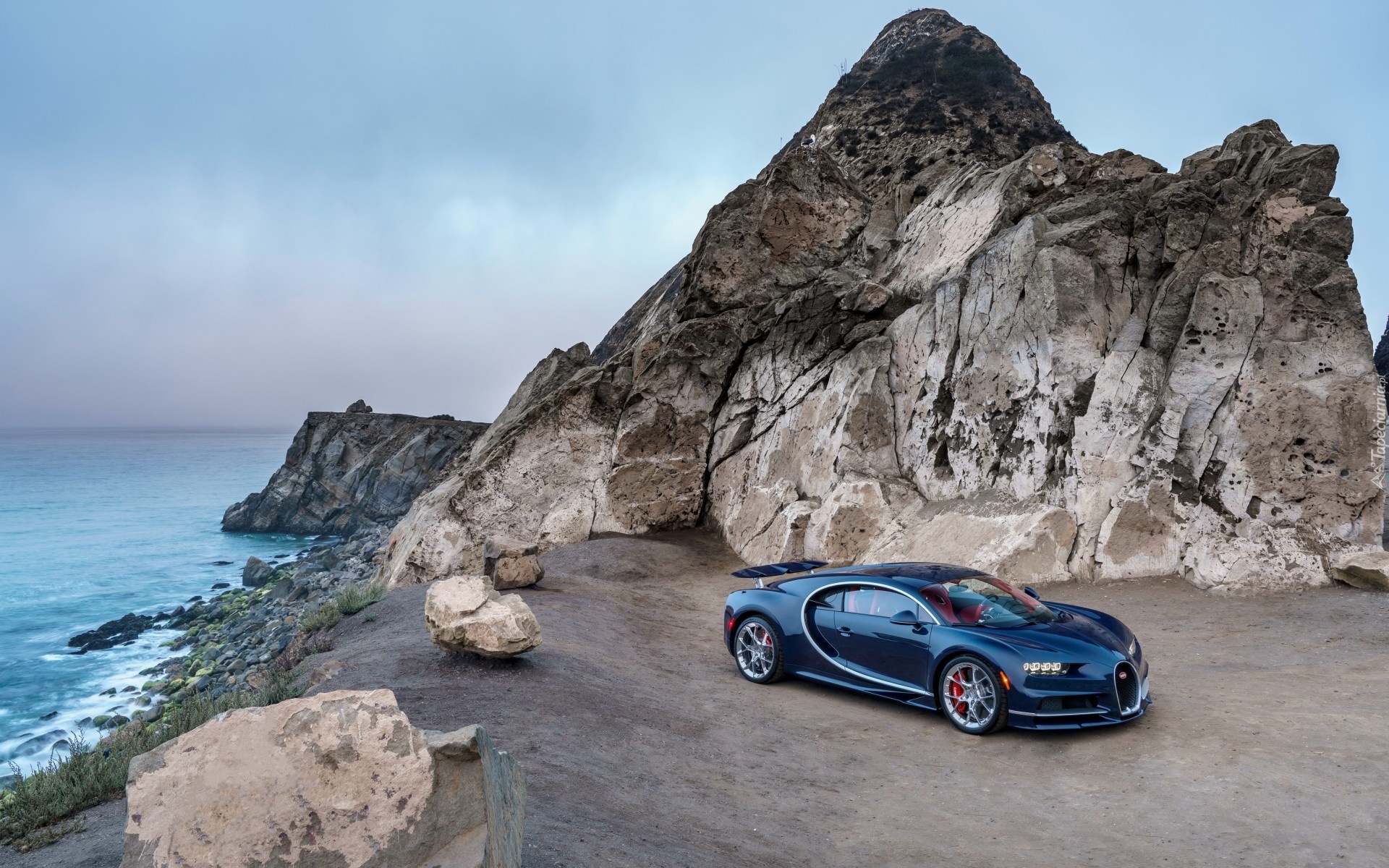 Skały, Kamienie, Morze, Bugatti Chiron