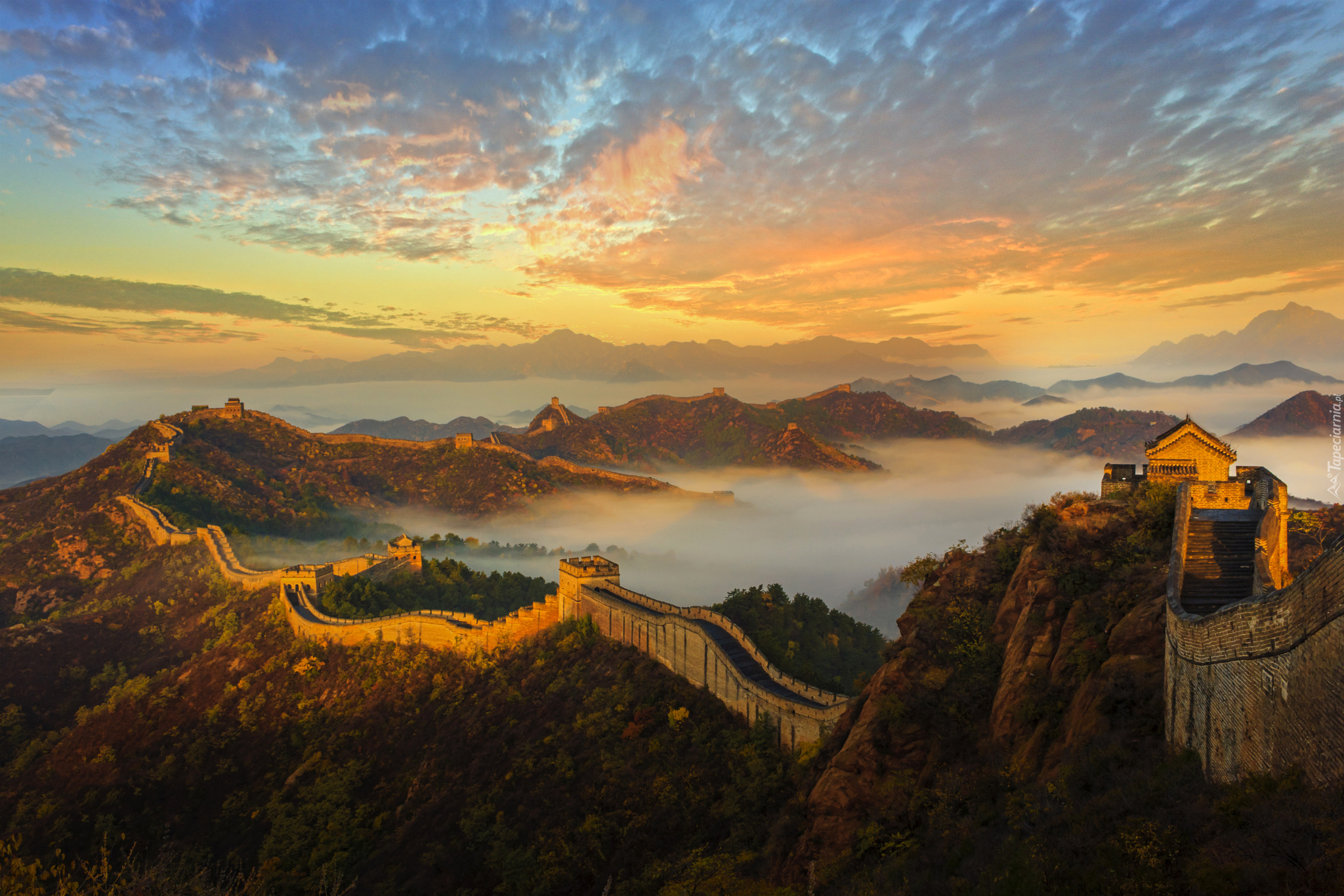 Wielki, Mur, Chiński, Mgła, Lasy, Chmury, Skały Wielki Mur Chiński