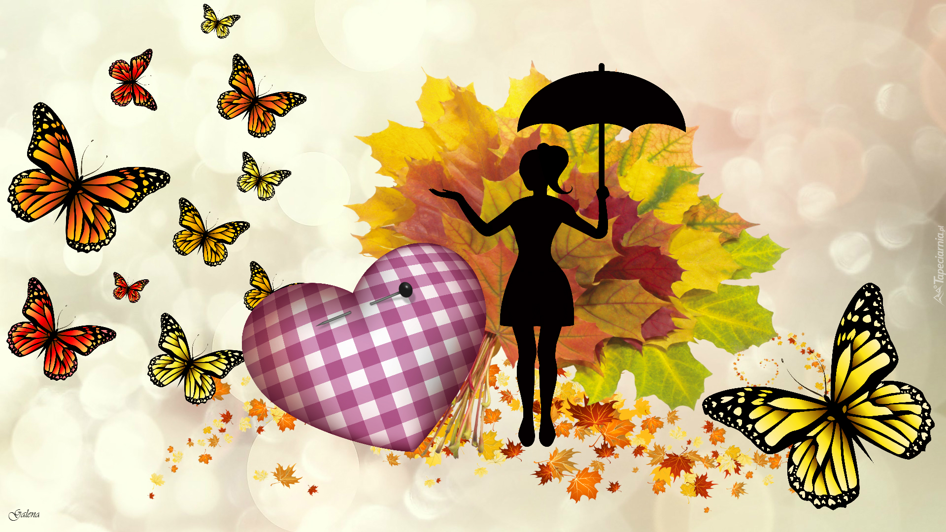 Jesień, Serce, Liście, Motyle, Parasolka, Kobieta, Grafika 2D