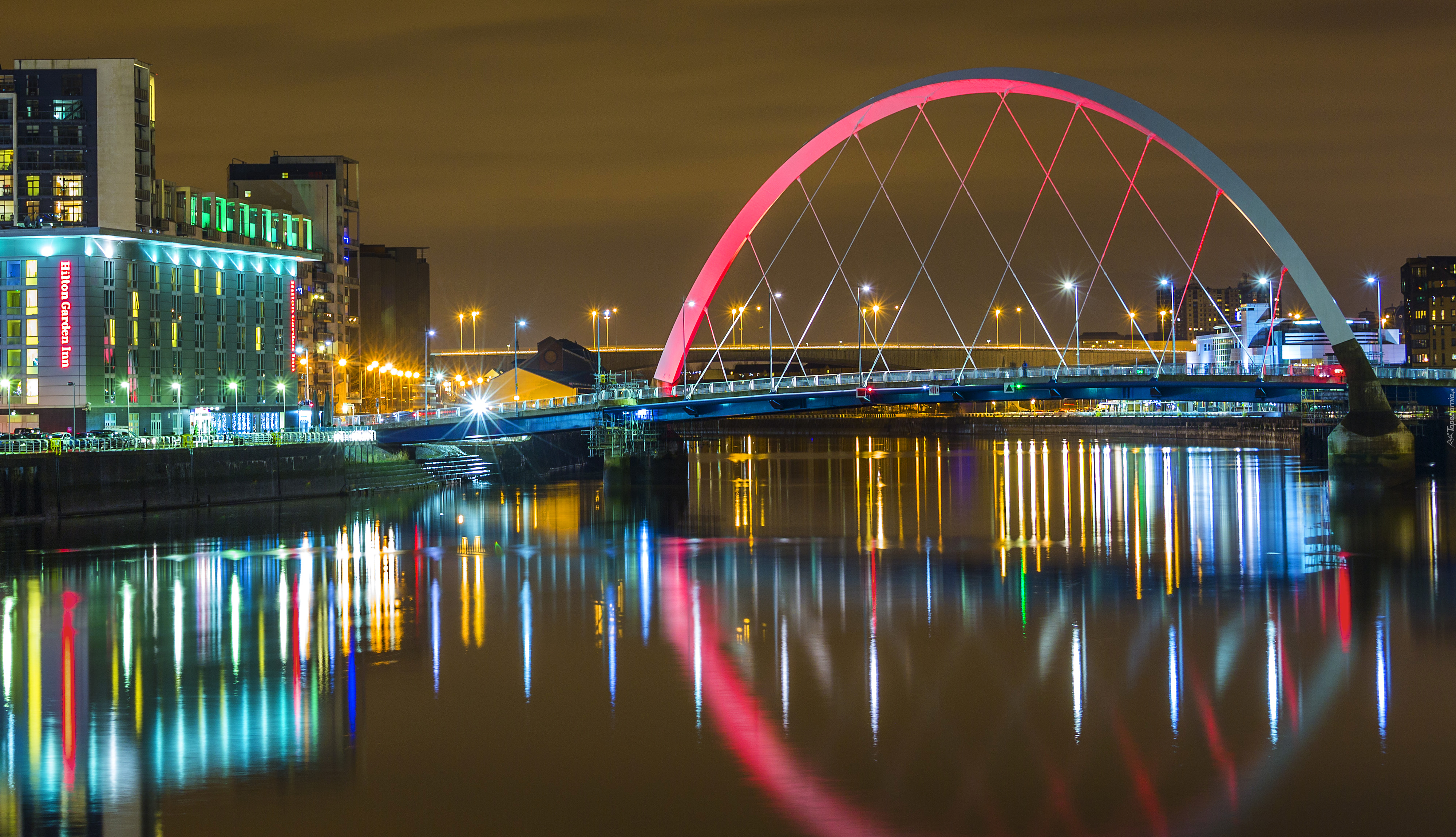 Glasgow , Wielka Brytania , Most, Rzeka, Noc, Dom, Szkocja