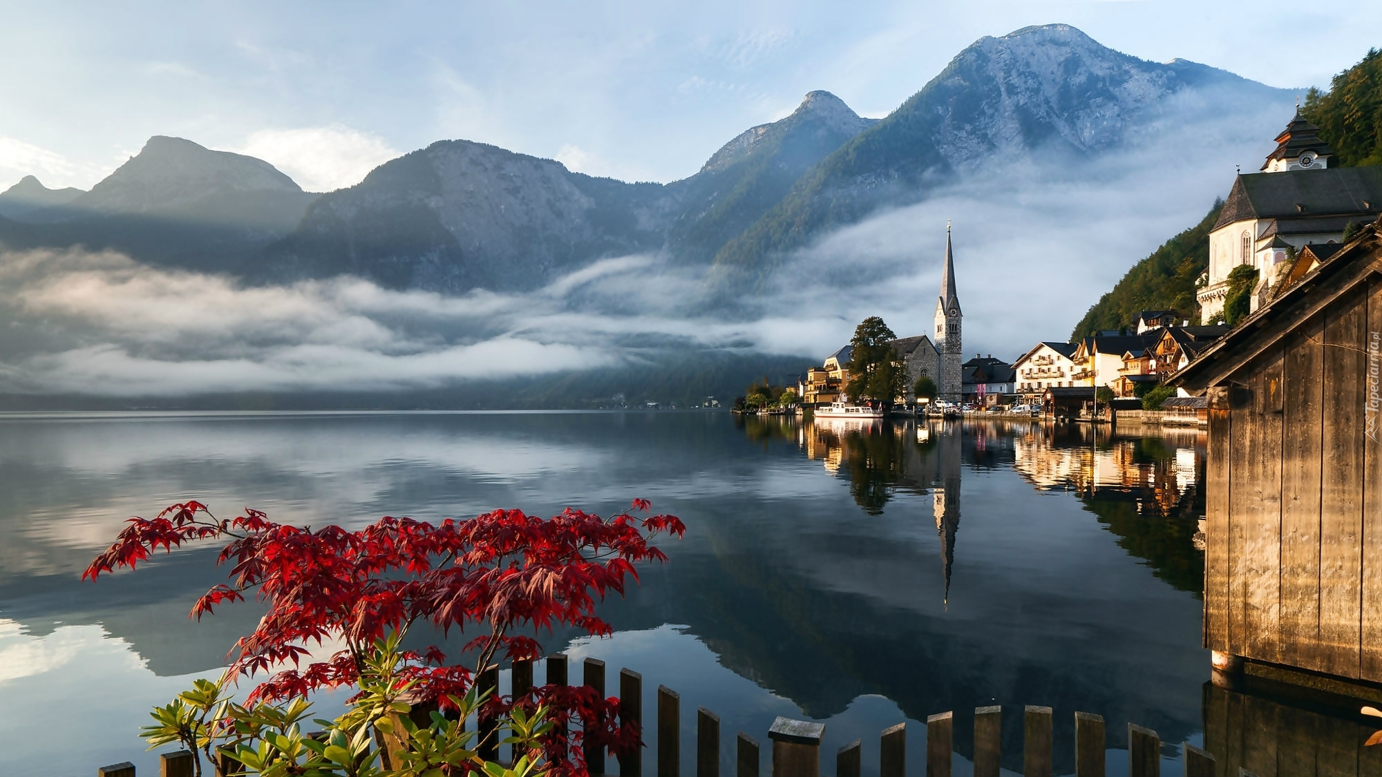 Austria, Hallstatt, Jezioro, Góry Alpy, Mgła, Domy