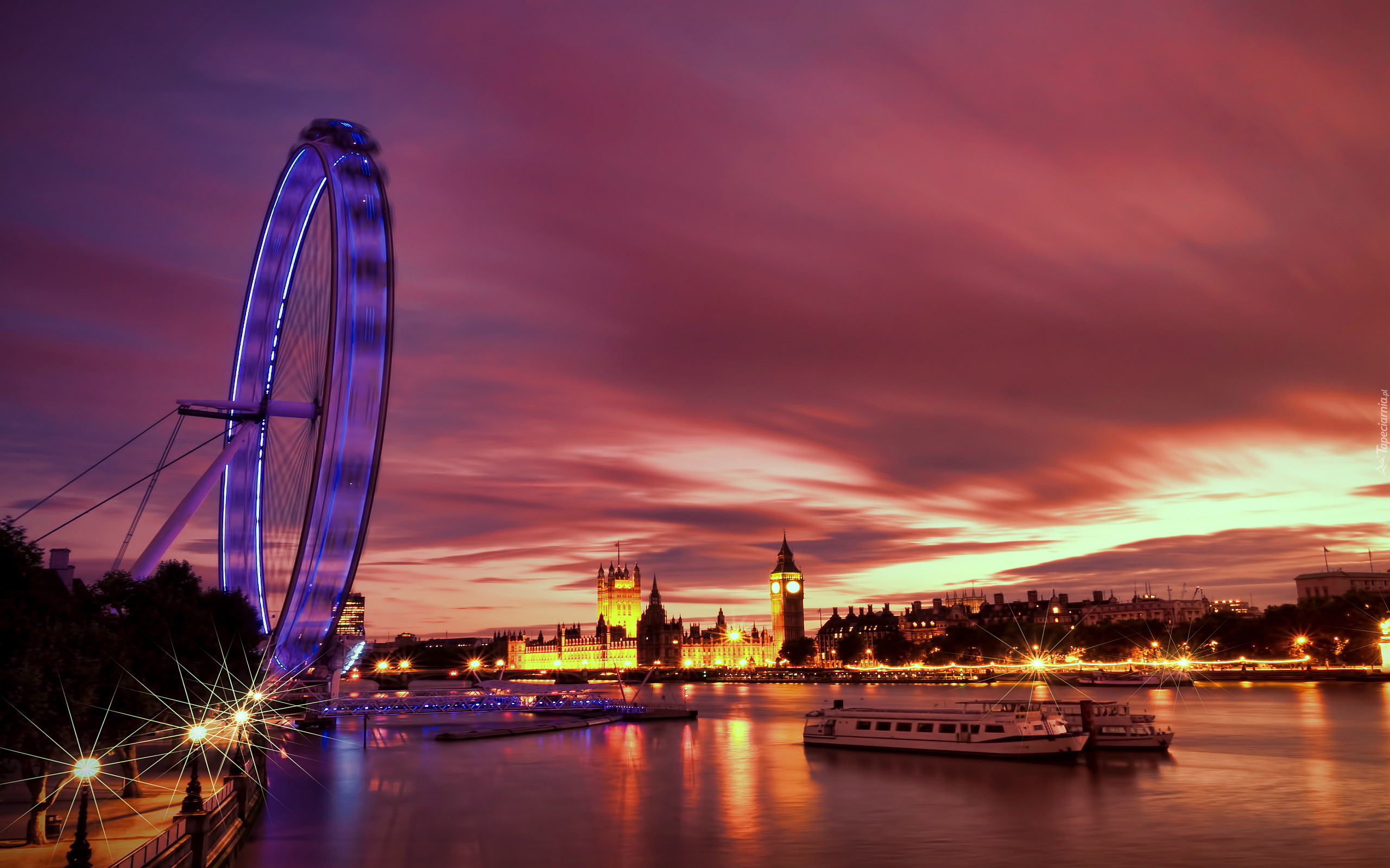 Londyn, London Eye, Rzeka, Wieczór, Światła